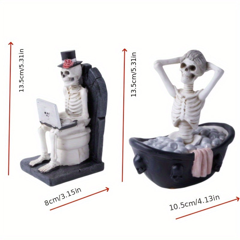 2pcs Gothic Resin Skull Girl & Skeleton Observer Figurines - Sitting & Standing Pose Decor with Black Dress, Glasses & Red Top Hat - Indoor/Outdoor Halloween, Christmas, Easter, Mummy's Tomb Party Decorations (Durable Resin O