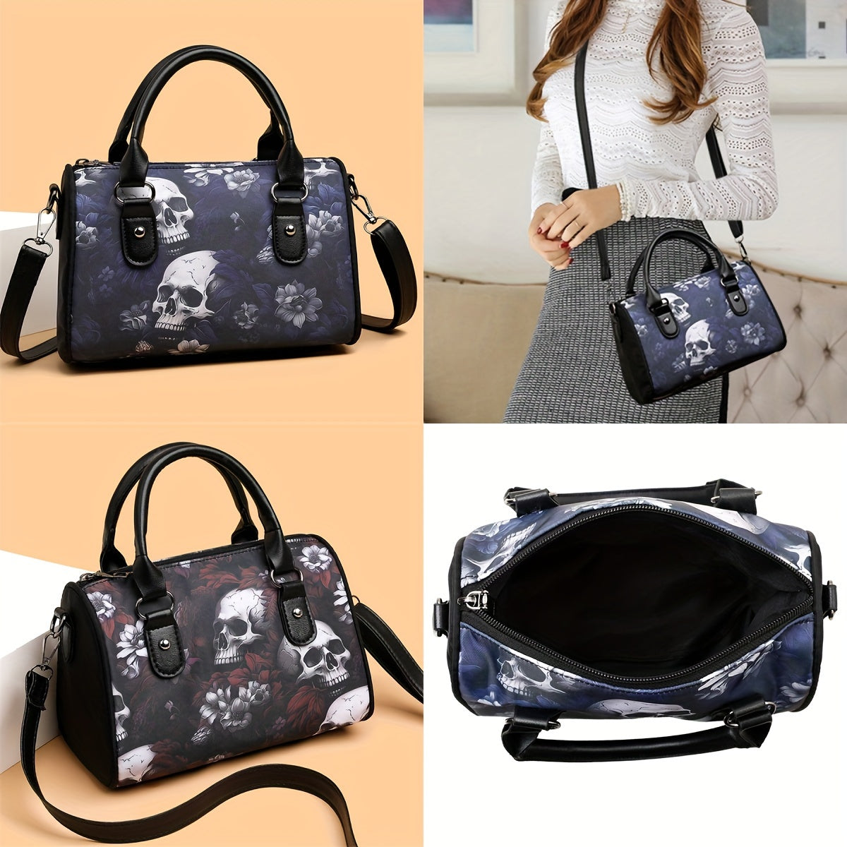 Skull Flower Pattern Handbag, Gothic Boston Shoulder Bag, Halloween Crossbody Bag For Women