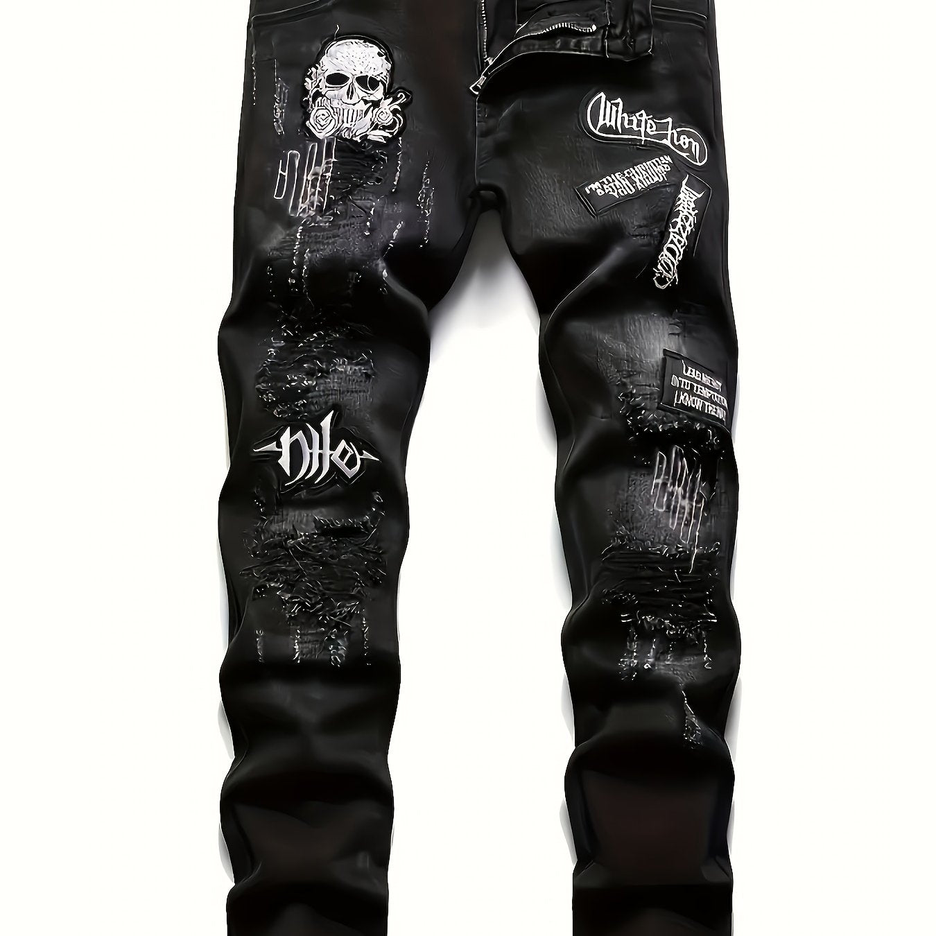 Men'S Streetwear Embroidered Distressed Straight-Leg Jeans - Slim Fit, Washed Denim with Skull & Crossbones Design, Zipper Fly, All-Season Casual Wear, Streetwear Jeans | Edgy Streetwear | Detailed Embroidery