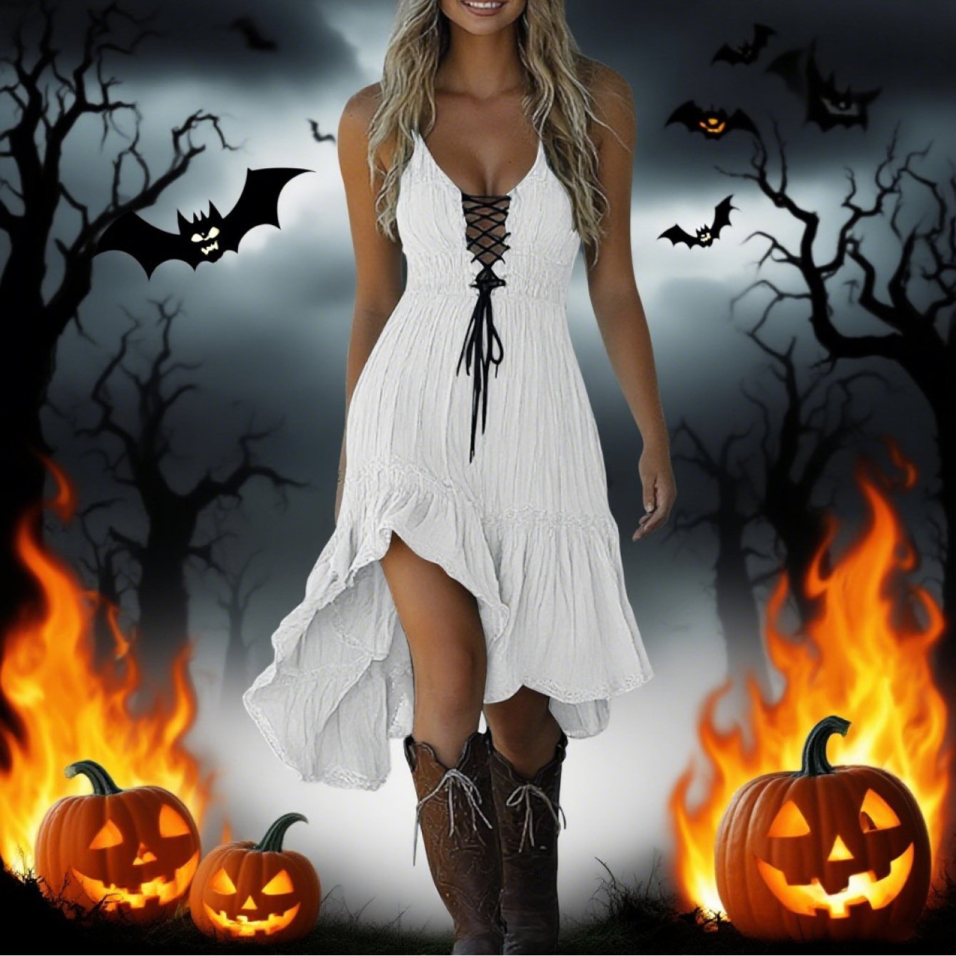 MSGWEEEG Women'S Halloween Dress - Vintage Cowgirl Midi Dress, Mustard Yellow party Outfit, Sleeveless Ruffled Hem, Easy-to-Wear Halloween Costume for Women, Halloween Party Attire, Festive Attire, Western Style, Comfortable