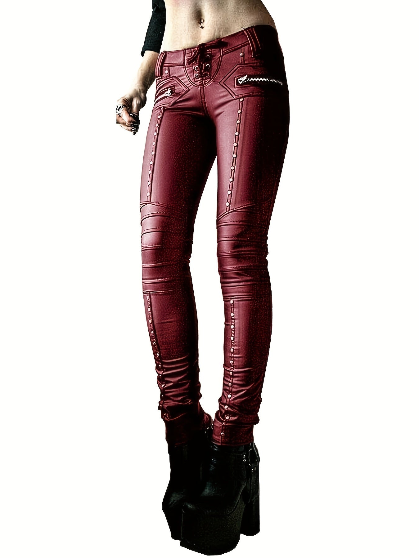 Women's Gothic Punk Skinny Leggings - High-Waisted PU Motorcycle Trousers with Lace-Up Details, Rock Club Style, Black, Stretchy & Comfortable Fit for Spring/Fall