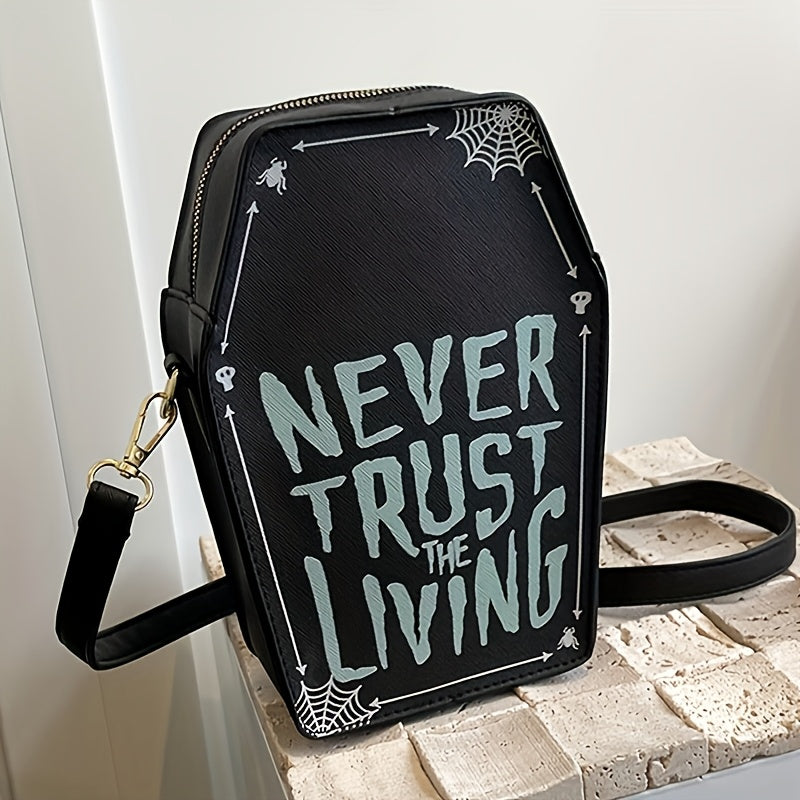 Perfect Halloween Coffin Bag • "Never Trust the Living" Design • Adjustable Strap • Zipper Closure • Polyester Lining • Dry Clean Only • Black Crossbody for Women • Halloween Costume Accessory • Trickory Desig