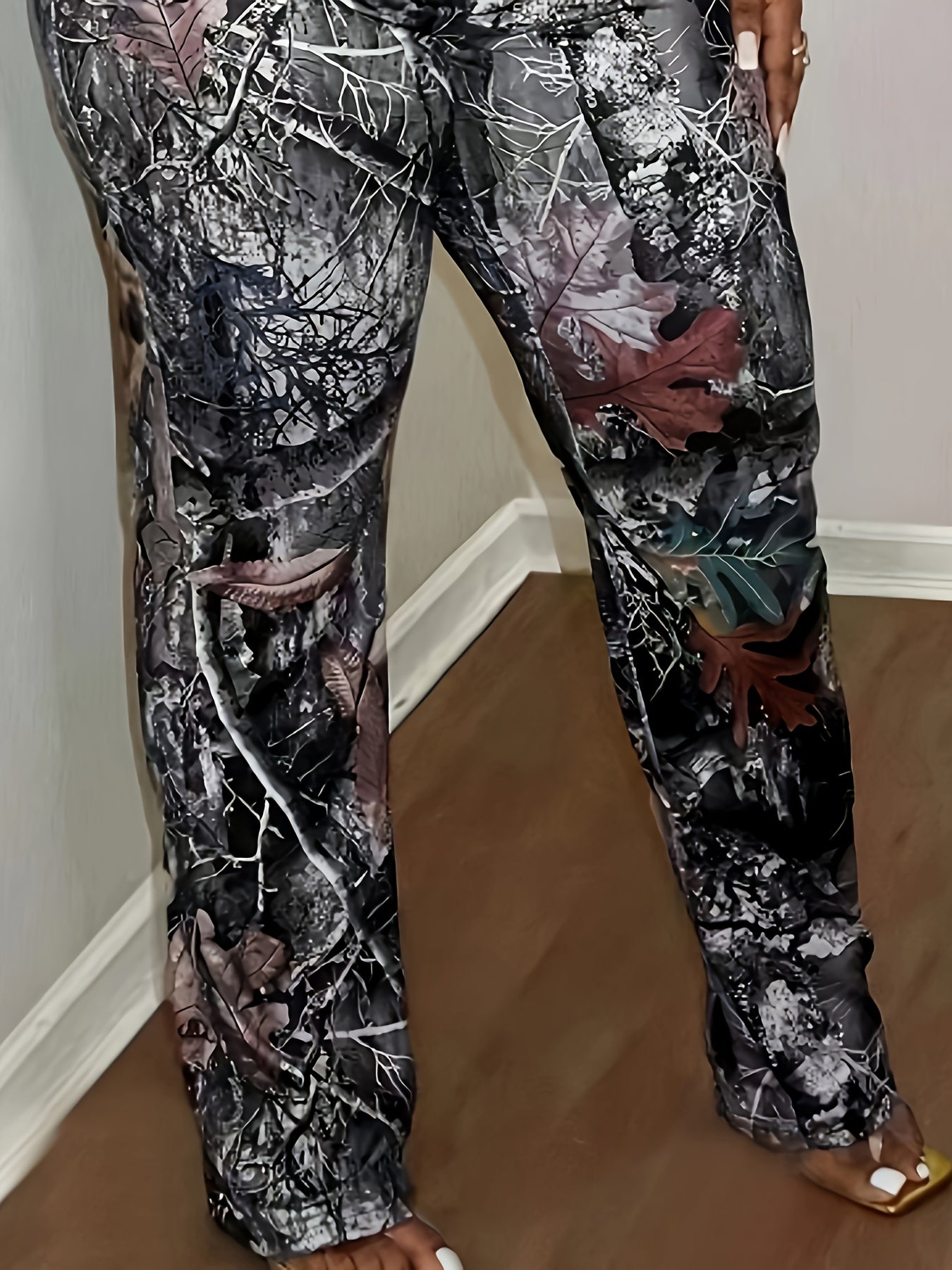 Sexy High-Waist Chic Camo & Branch Print Skinny Pants for Women - Stretchy Polyester Blend, Machine Washable, Slimming, European And American Style