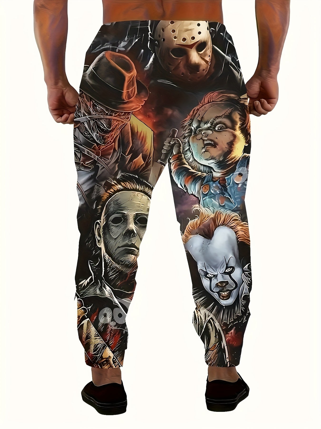 Men'S Horror Movie Icons Print Jogger Pants - Polyester Knit Casual Sportswear with Adjustable Drawstring Waist & Functional Pockets, All-Season Comfort for Gym, Lounge, Streetwear - Regular Fit Jogging Pants with Iconic Movi