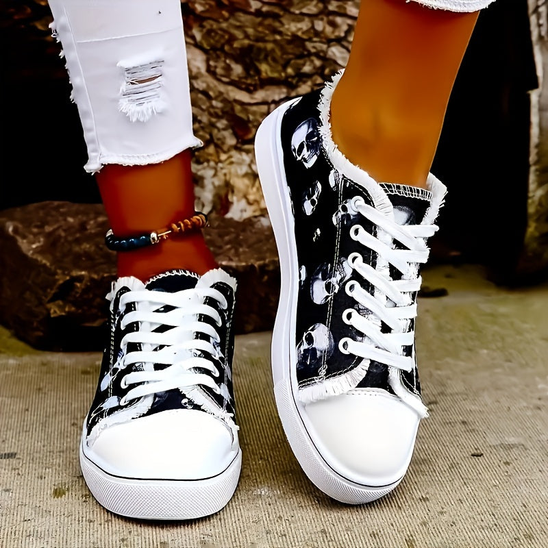 Women'S Halloween Skull Print Shoes, Casual Lace Up Outdoor Shoes, Lightweight Low Top Sneakers Plus Size