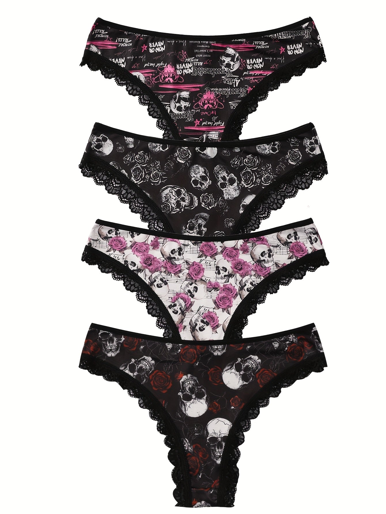 4pcs Women's Gothic Portraits Skeleton decorations & Ghost Costumes Print Panties,Halloween decor,Breathable High Elasticity Underwear, Sexy Ladies Lingerie Set, Halloween Gift Ideas.
