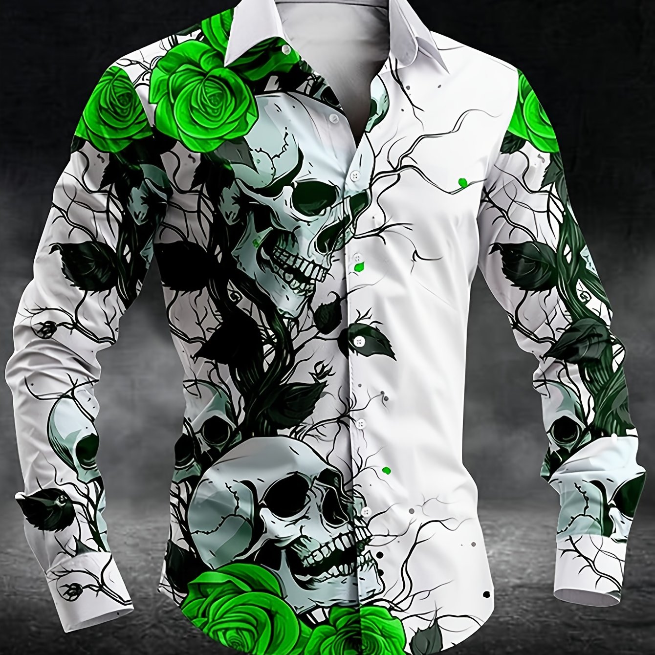 Men'S Gothic Skull & Rose Print Long Sleeve Shirt - Black with White & Blue Gothic Design, Pointed Collar Button Front, Machine Washable All-Season Casual & Formal Wear, Bold Statement Shirt for Themed Events, Parties, Everyd