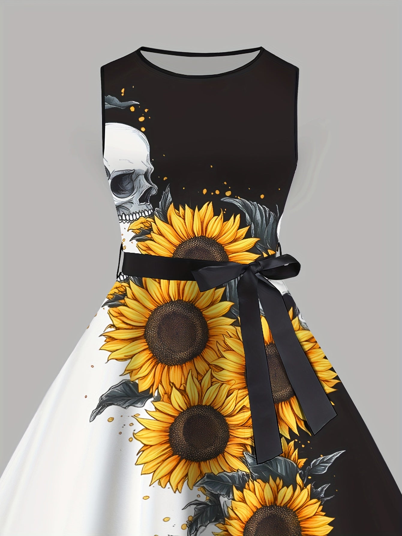 Women'S Gothic Sunflower Skull Print Sleeveless A-Line Dress with Belt - Black & White Contrast, Vintage Cocktail Party Dress for Spring Summer Fall, Casual Elegance, Seasonal Fashion, Offshoulder Design, Sophisticated Crafts