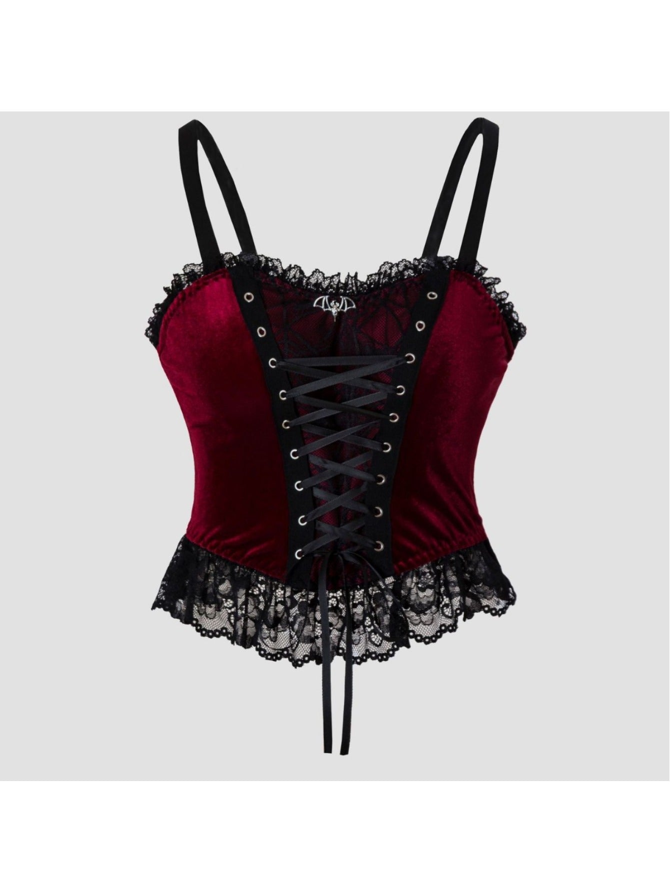 's Gothic Victorian Corset Top - Black Lace & Burgundy Ruffled Bustle with Adjustable Suspender Vest, Fitted Waist Cincher, Hand Washable Spice Style Costume for Themed Parties & Casual Attire