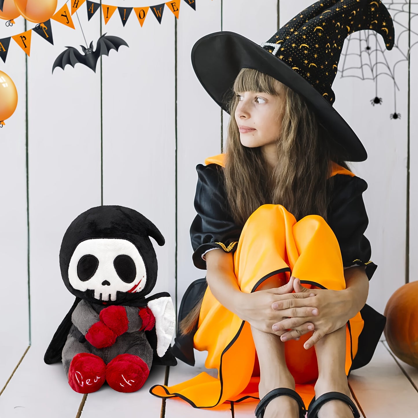 10" Otto Reaper Plush Toy, Halloween Skull Grim Reaper Stuffed Animal with Black Cape And Detachable Reaper Scythe, Funny Doll Skull Death Plushies Holiday Plush Toy Doll, Halloween Decor, Spooky Decor, Holiday Decoration, Go