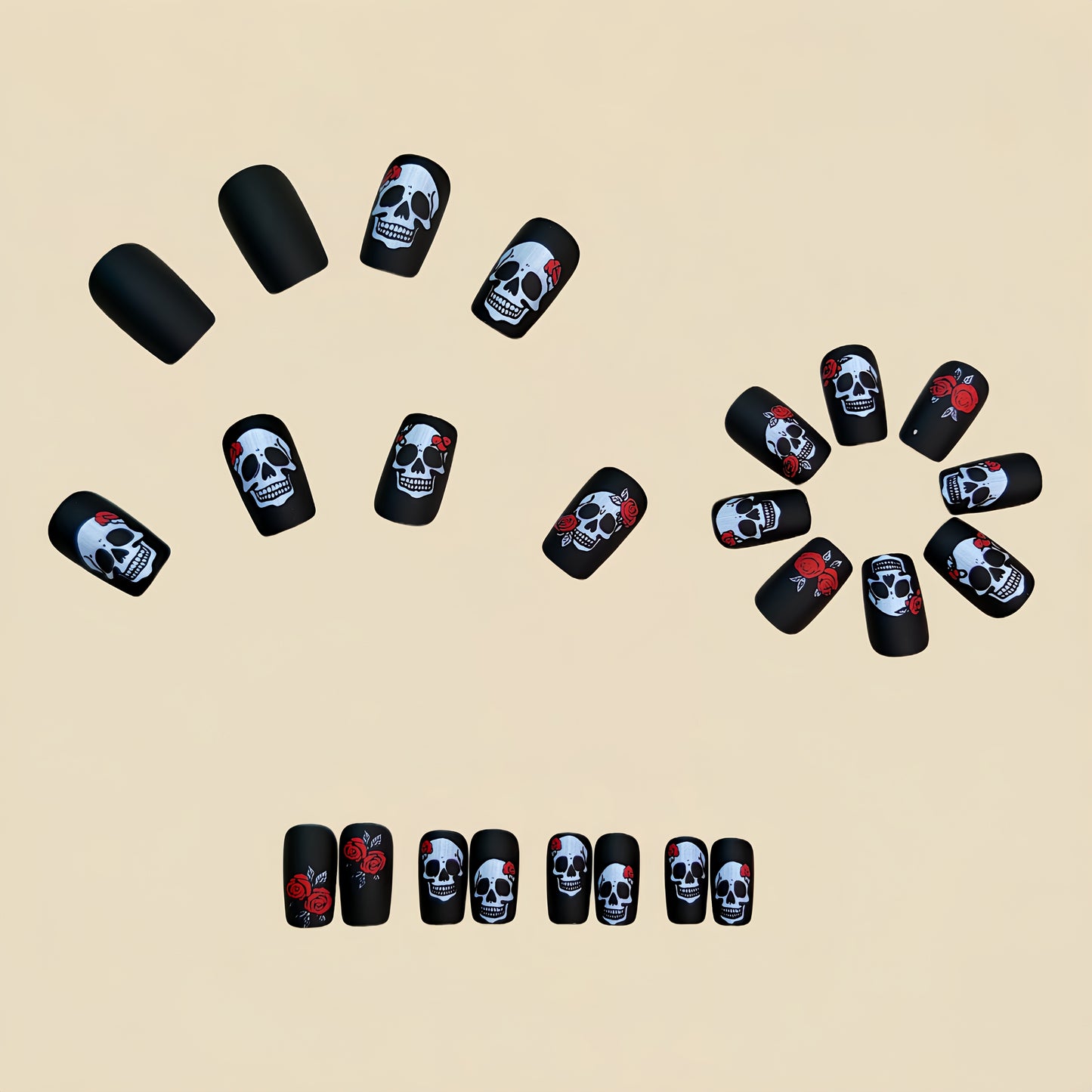 24pcs Gothic Black & & Rose Press-On Nails - Long Square Medium Length False Nails with Intricate White Skull & Red Rose Design, Matte Finish, Removable Full Set for Women, Halloween, Winter, Casual Attire, Themed Parties, Ea