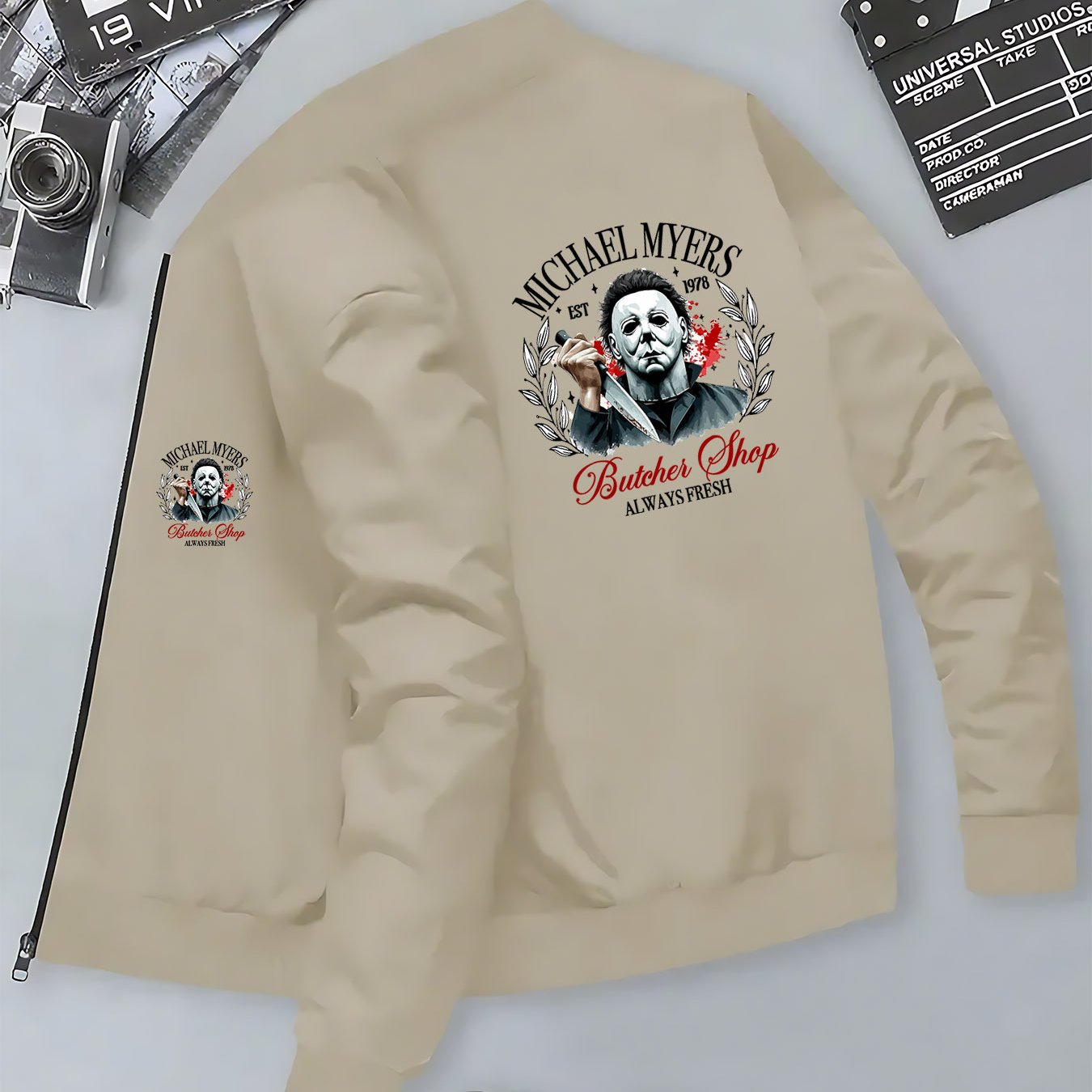 Men's Michael Myers Halloween Horror Graphic Bomber Jacket - Slim-Fit Zipper Closure, Stand Collar & Butcher Shop Print - Casual Winter Coat for Themed Events & Casual Attire (Machine Washable), Streetwear Fashion, Trendy Out