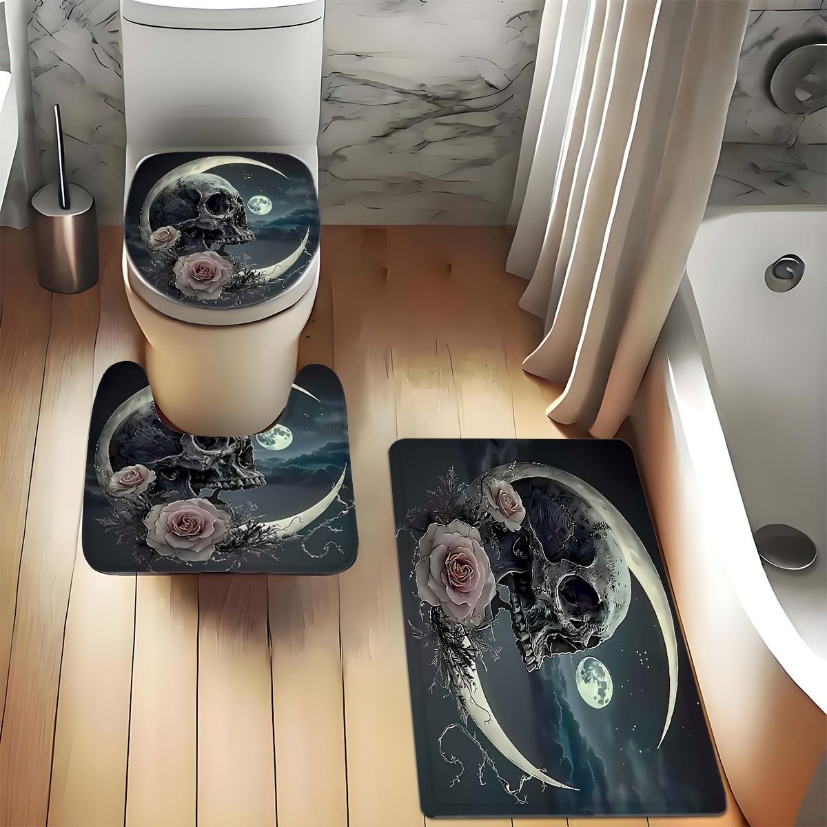 1/4pcs Creative Skull and Moon Bathroom Set, Full Set, Non-Slip Bath Mat, U-shaped Carpet, Toilet Mat, High Quality Shower Curtain with 12 Durable Hooks, Exquisite Bathroom Decorations and Accessories, Suitable for All Styles