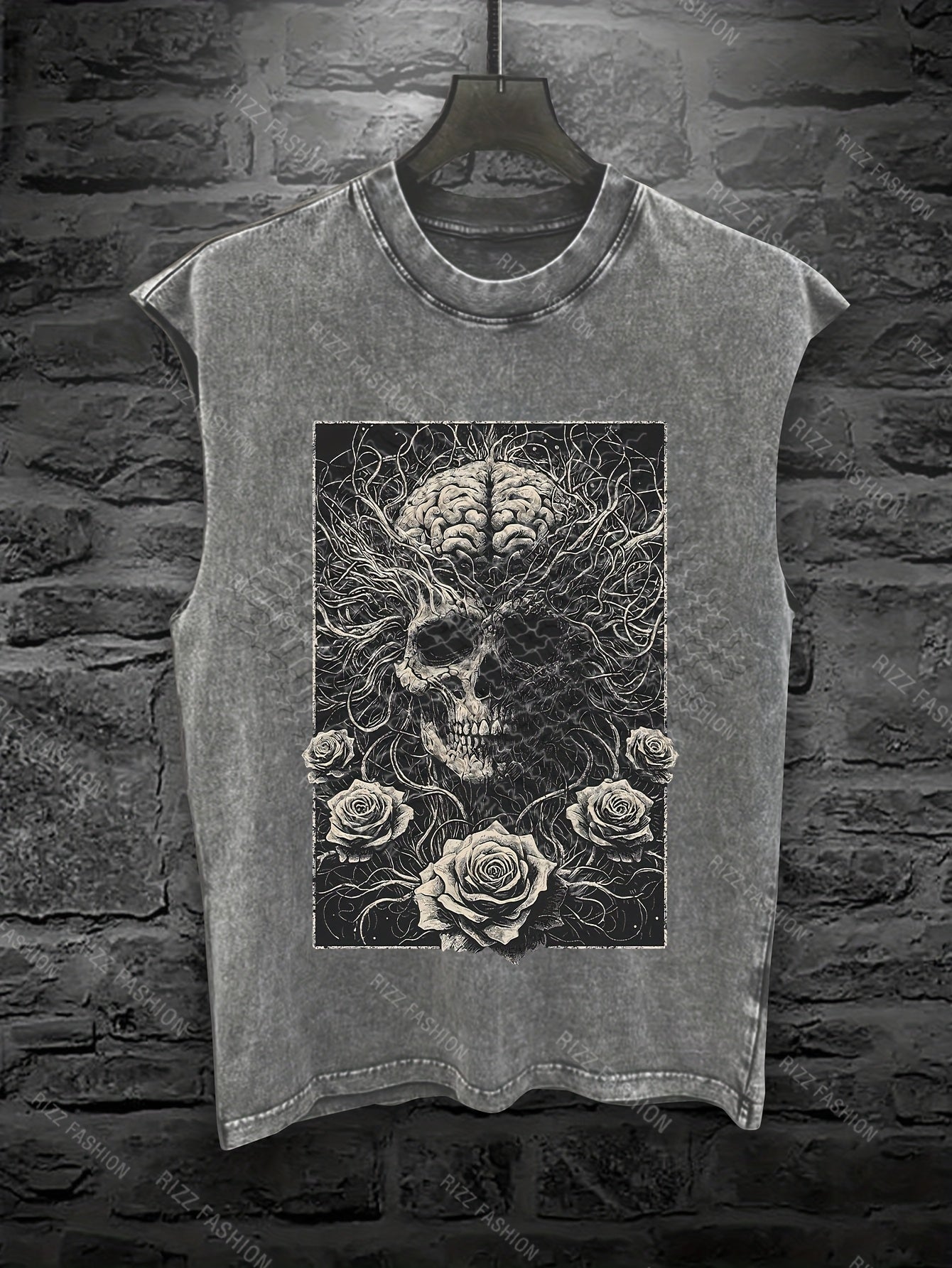 Men'S Gothic Sleeveless Vest - Dark Skeleton & Rose Print Streetwear Punk Style Loose Fit Washed Top | Edgy Skull & Rose Design with Intricate Bone & Bat Wing Patterns | Summer Outdoor Casual Wear, Concerts, Gothic Outfits |
