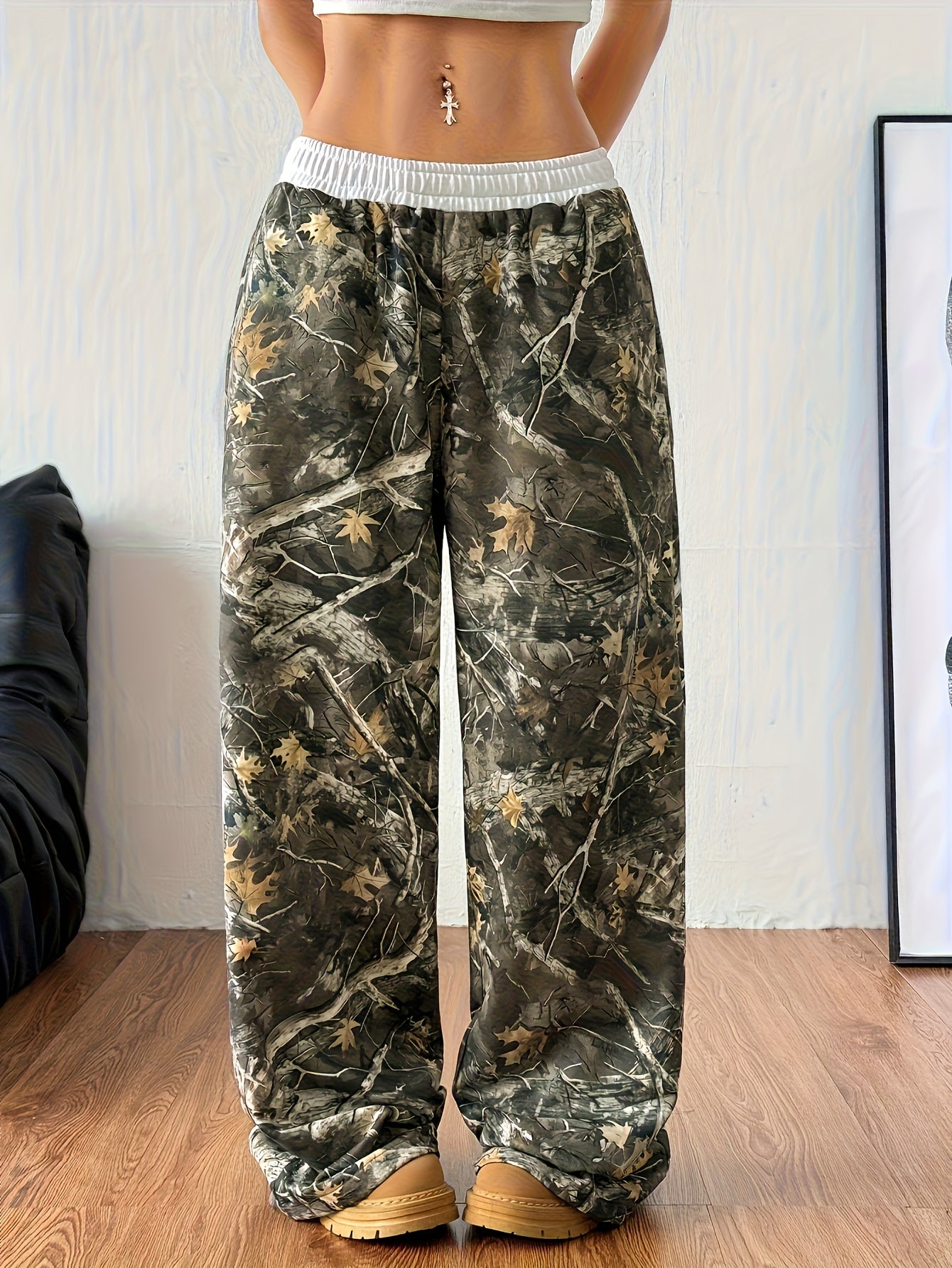Women's Elegant Winter Pants - Brown/Beige/Tan Camouflage leaf & tree branch print with White Belt - Wide-Leg Trousers with Pockets - Machine Washable Formal & Everyday Pants for Fall/Winter - Brown/Beige/Tan Tones - Office,