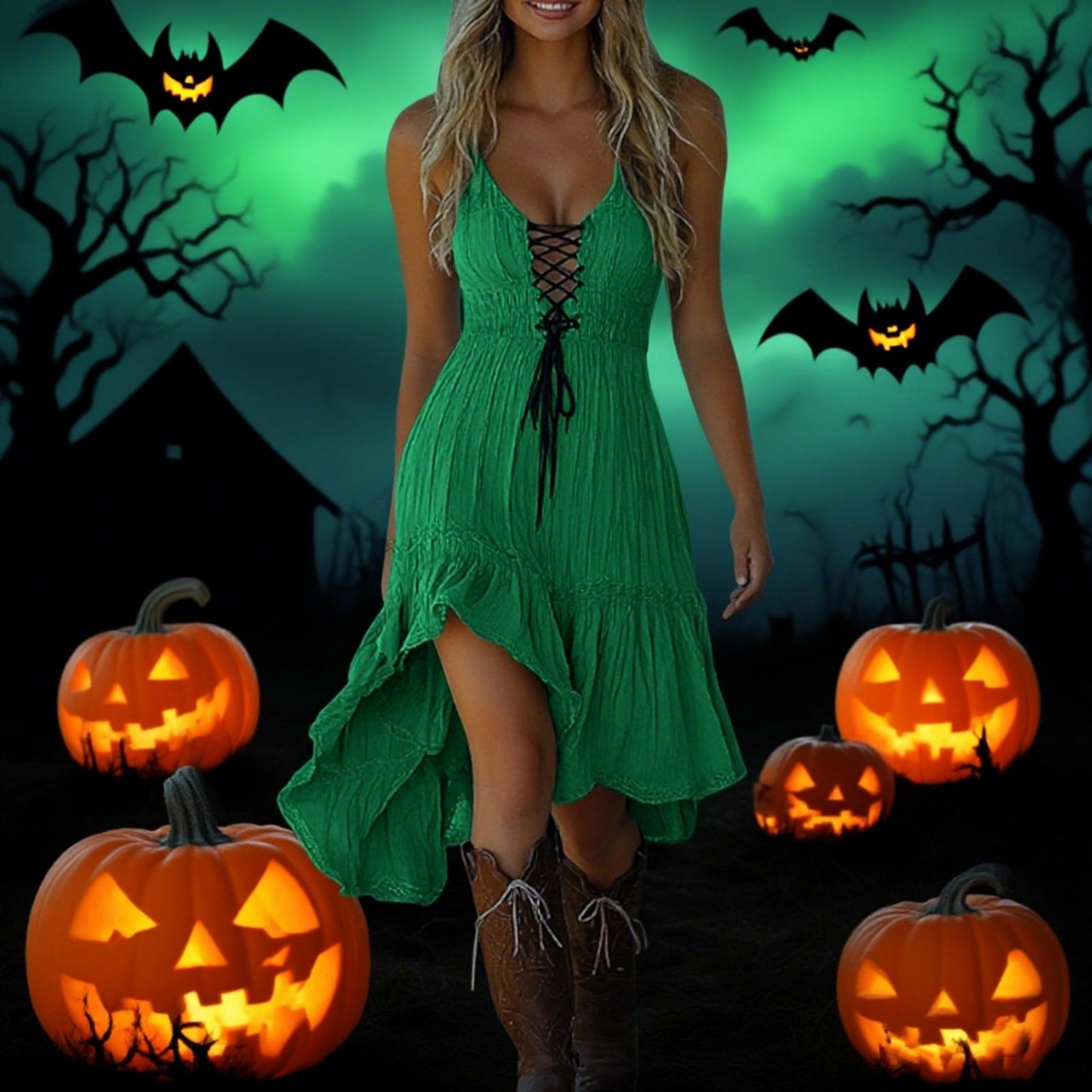 MSGWEEEG Women'S Halloween Dress - Vintage Cowgirl Midi Dress, Mustard Yellow party Outfit, Sleeveless Ruffled Hem, Easy-to-Wear Halloween Costume for Women, Halloween Party Attire, Festive Attire, Western Style, Comfortable