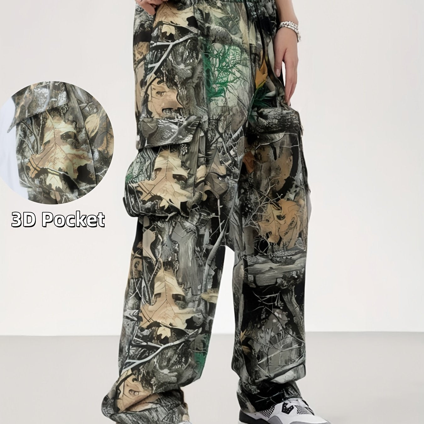 Men's Plus Size Camo Cargo Pants with 3D Pocket Detail - Trendy All-Over Print, Multi-Pocket Design, Polyester for Outdoor, Sports & Streetwear, PLUS SIZE