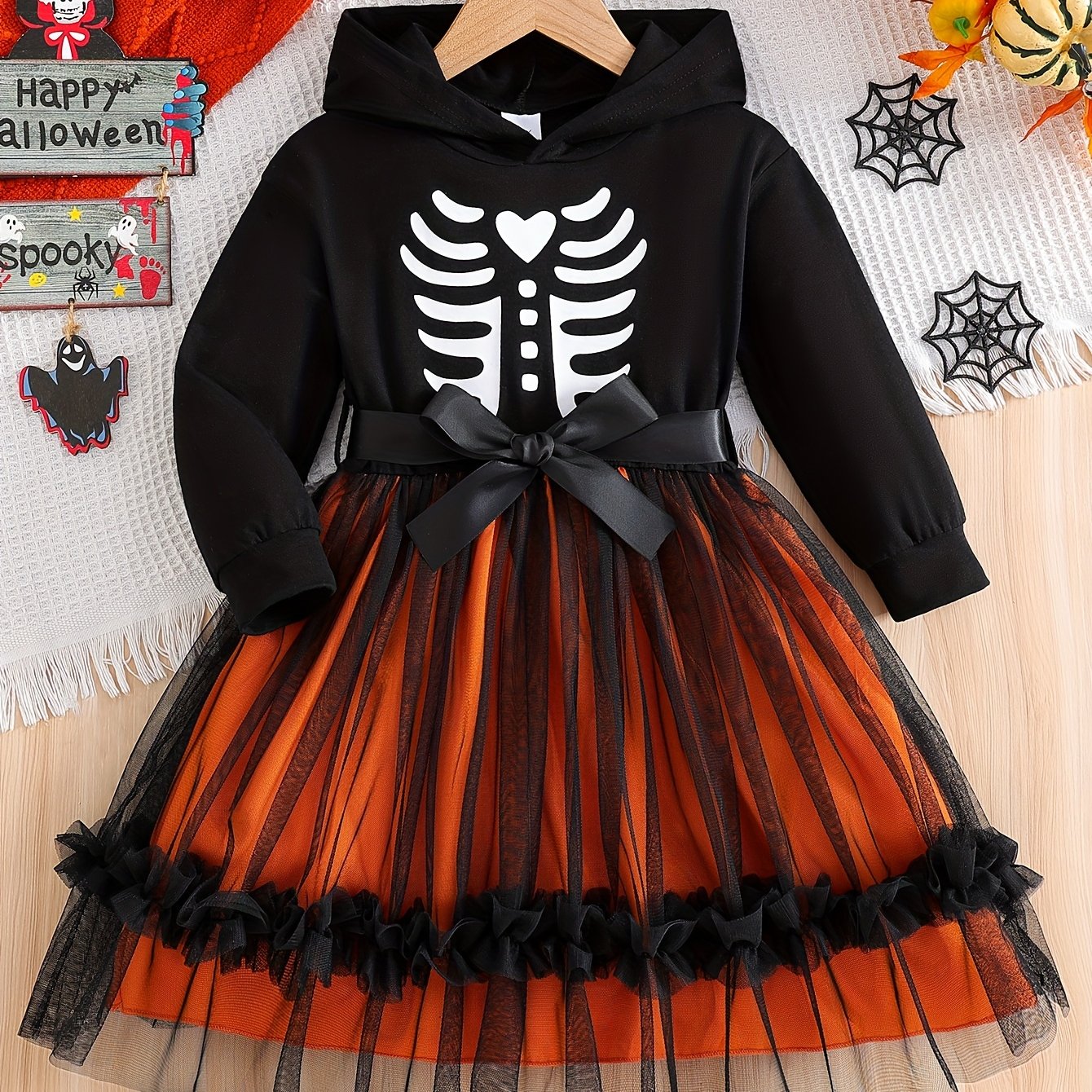 COVIVIKY Girls' Halloween Dress with Hooded Skull Design and Sheer Overlay in Orange
