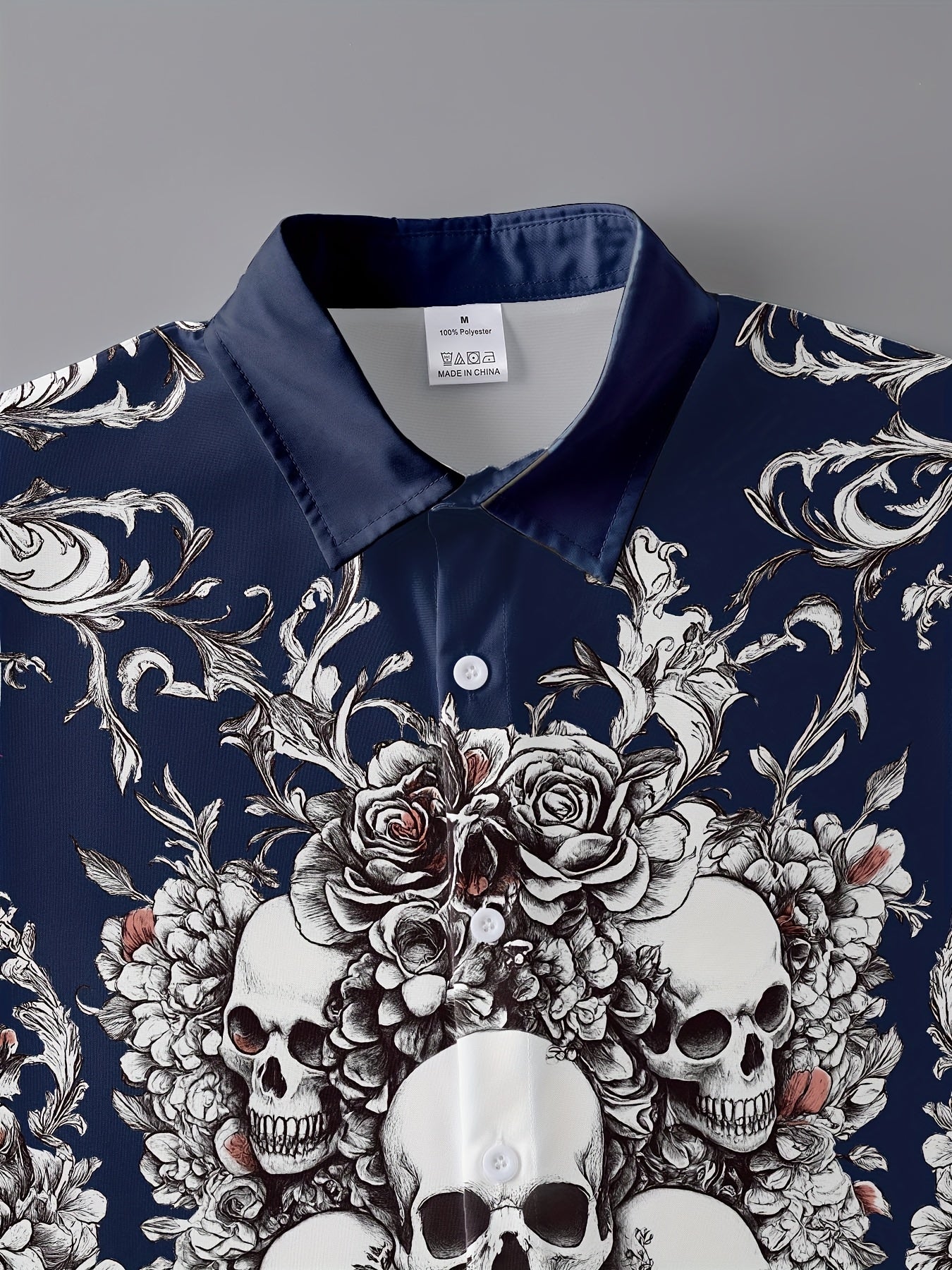 Men's Gothic Skull & Bat Wing Print Long Sleeve Shirt - Dark Blue & Black Gothic Style with White Collar & Button Front Closure, Machine Washable Durable Fabric for Halloween, Themed Parties & Casual Attire - Adult Men's Form