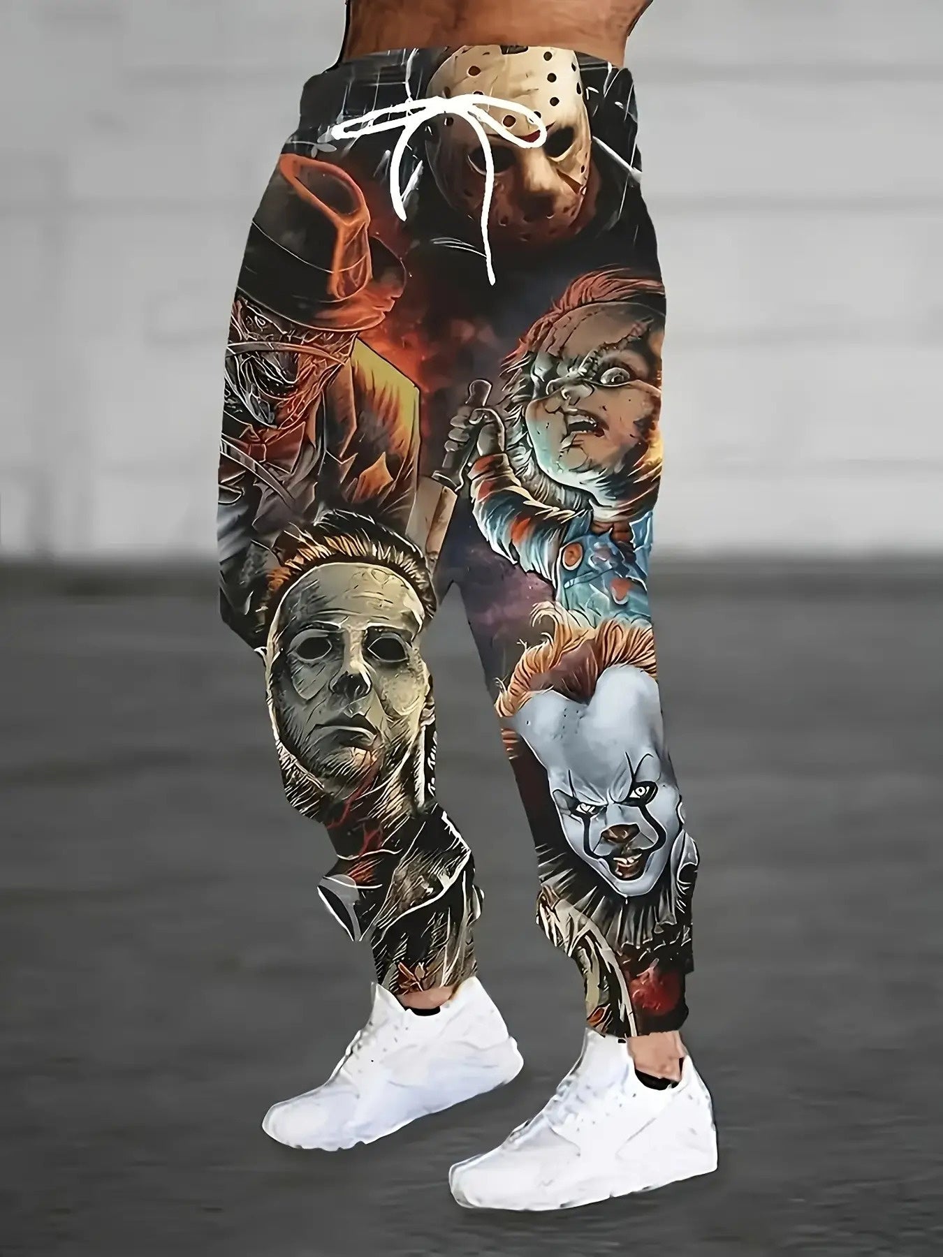 Men'S Horror Movie Icons Print Jogger Pants - Polyester Knit Casual Sportswear with Adjustable Drawstring Waist & Functional Pockets, All-Season Comfort for Gym, Lounge, Streetwear - Regular Fit Jogging Pants with Iconic Movi
