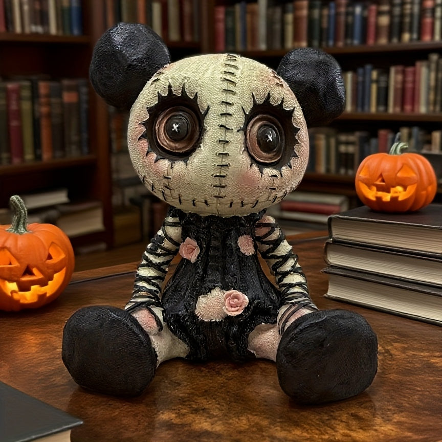 Charming Halloween Resin Doll • Black & White Striped Dress • Pumpkin Ears & Floral Accents • Spooky Tabletop Decor • Christmas & Fall Home Decor