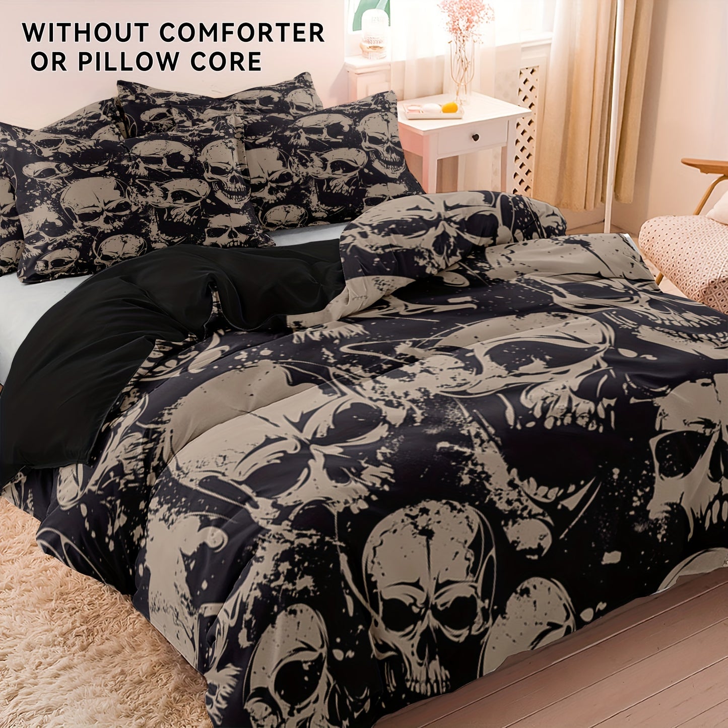 3-Piece Polyester Skull Print Bedding Set: Perfect for Bedroom or Guest Room. Soft and Comfortable with No Core Included (1x Duvet Cover + 2x Pillow Covers)