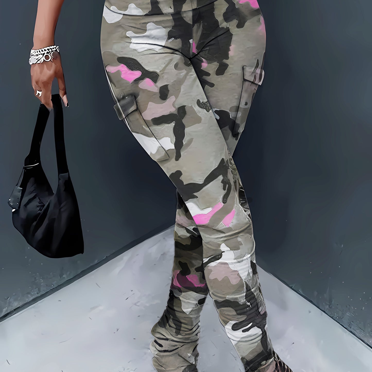 Elegant Camo Print High-Waist Leggings with Side Pockets for Women - Stretchy & Comfortable, Perfect for Spring/Summer/Fall
