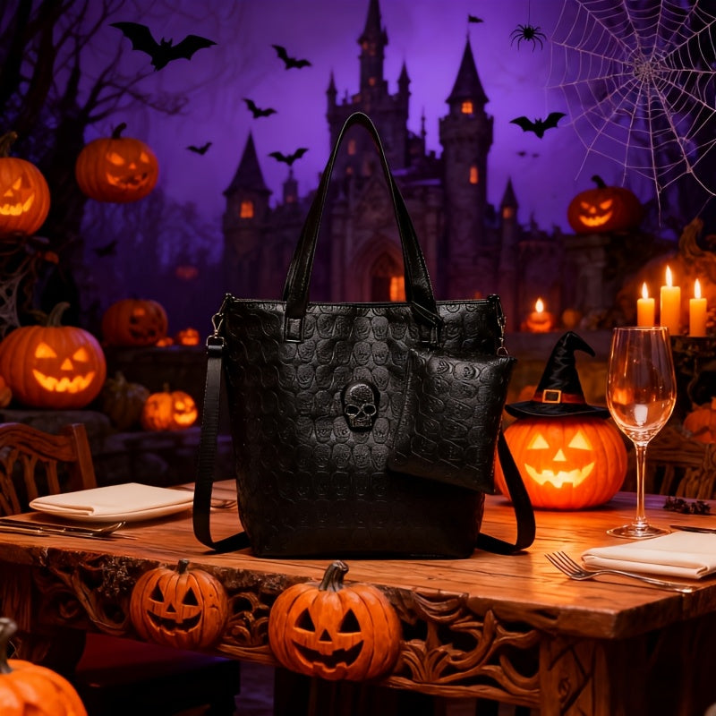 Women's Vintage Skeleton Flower Pattern Crossbody Bag - Halloween Slant Backpack with Detachable Strap, Zipper Closure, & Polyester Lining, Hand Washable Black Handbag for Casual & Party Use