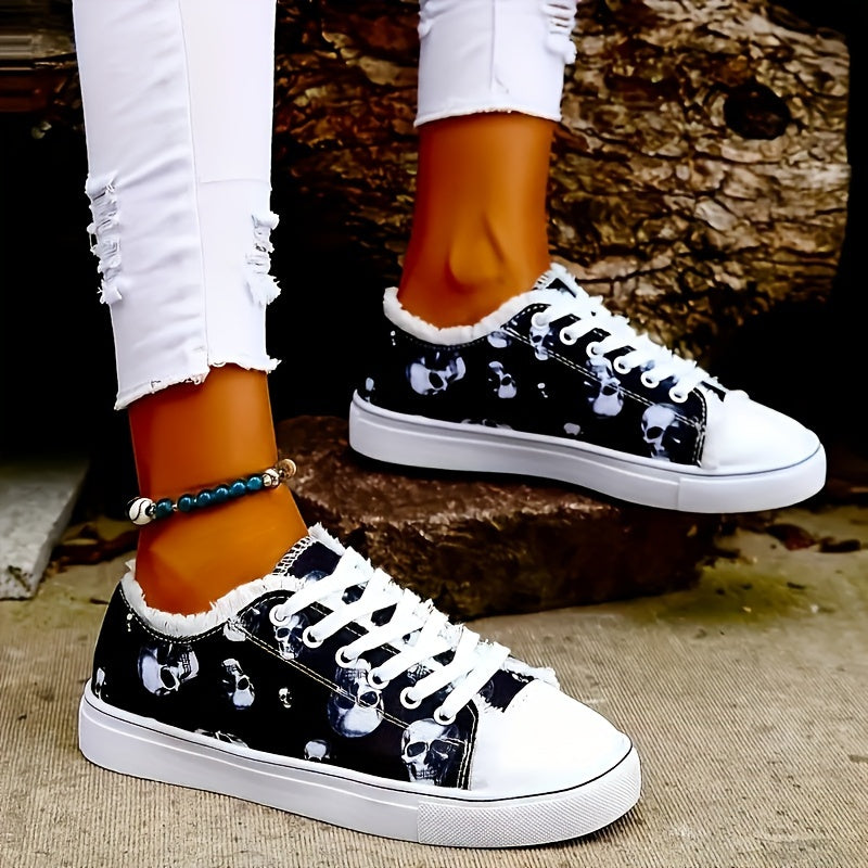 Women'S Halloween Skull Print Shoes, Casual Lace Up Outdoor Shoes, Lightweight Low Top Sneakers Plus Size