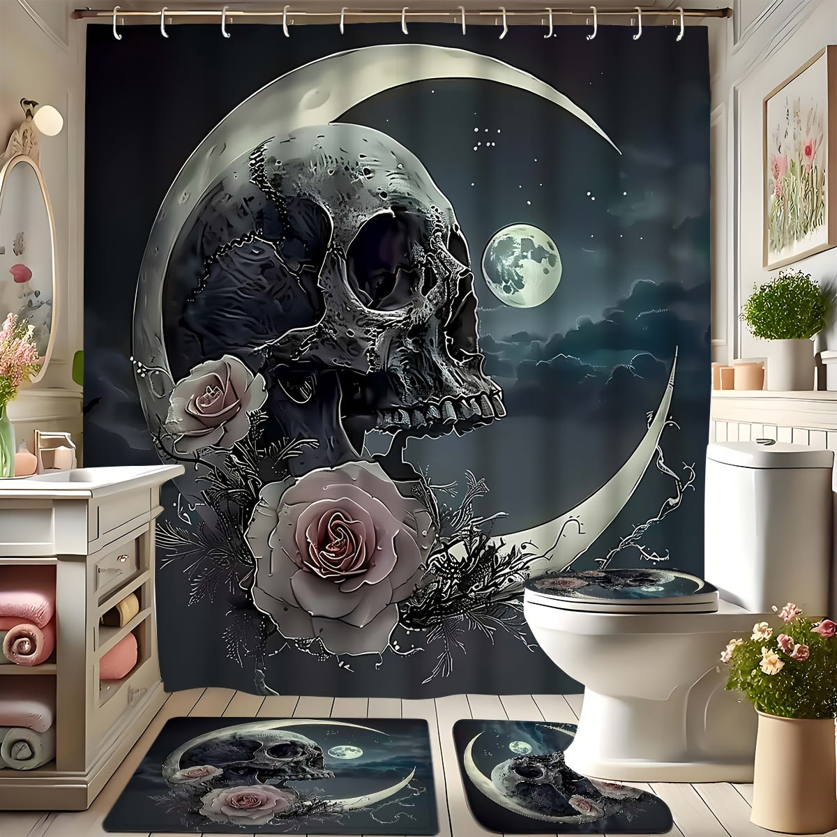 1/4pcs Creative Skull and Moon Bathroom Set, Full Set, Non-Slip Bath Mat, U-shaped Carpet, Toilet Mat, High Quality Shower Curtain with 12 Durable Hooks, Exquisite Bathroom Decorations and Accessories, Suitable for All Styles
