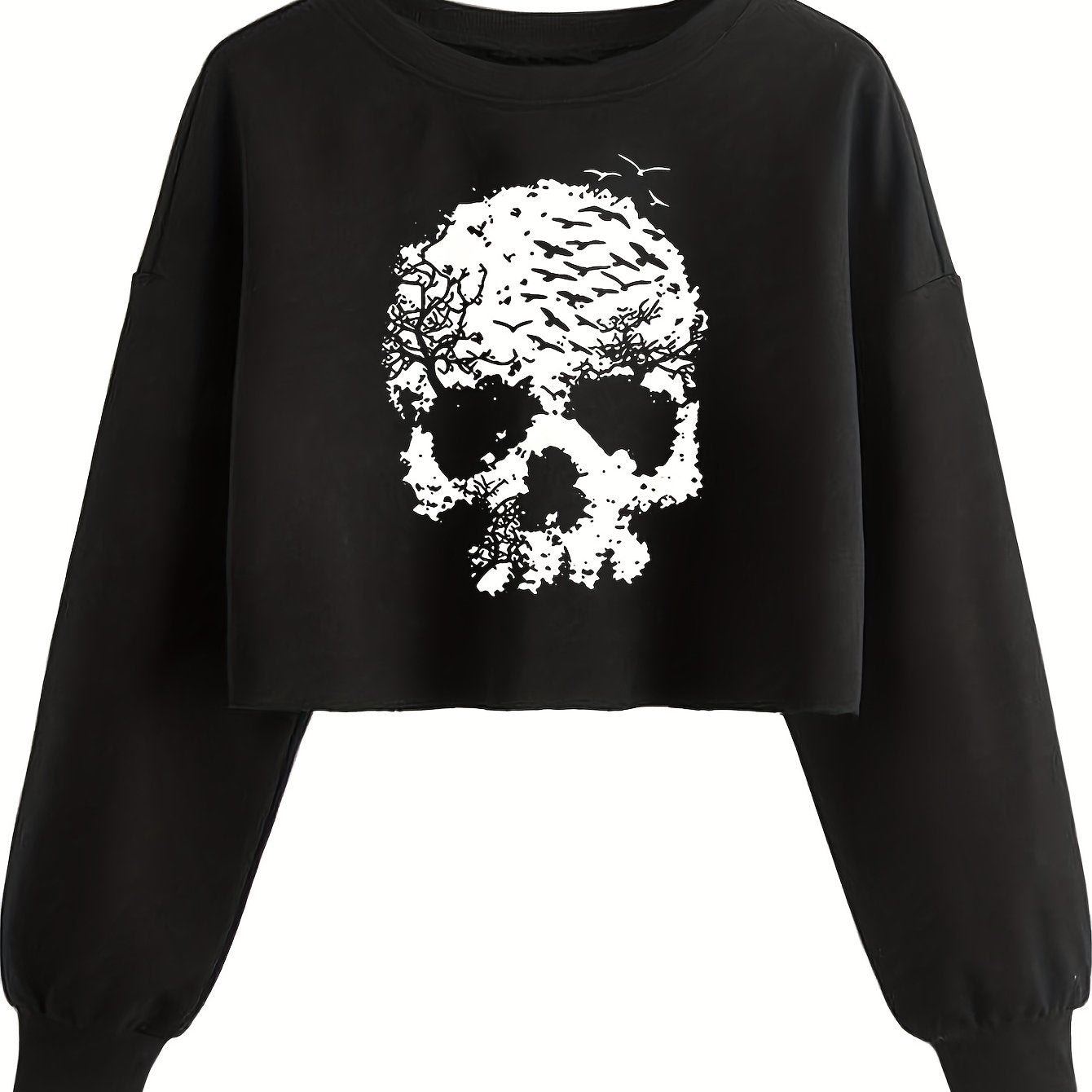 Women's Gothic Skull Print Long Sleeve Crop Top - Black & White Gothic Style Sweater with Round Neck, Machine Washable Casual All-Season Shirt for Layering, Halloween Party Outfits & Casual Attire, Relaxed Fit Short Cropped D