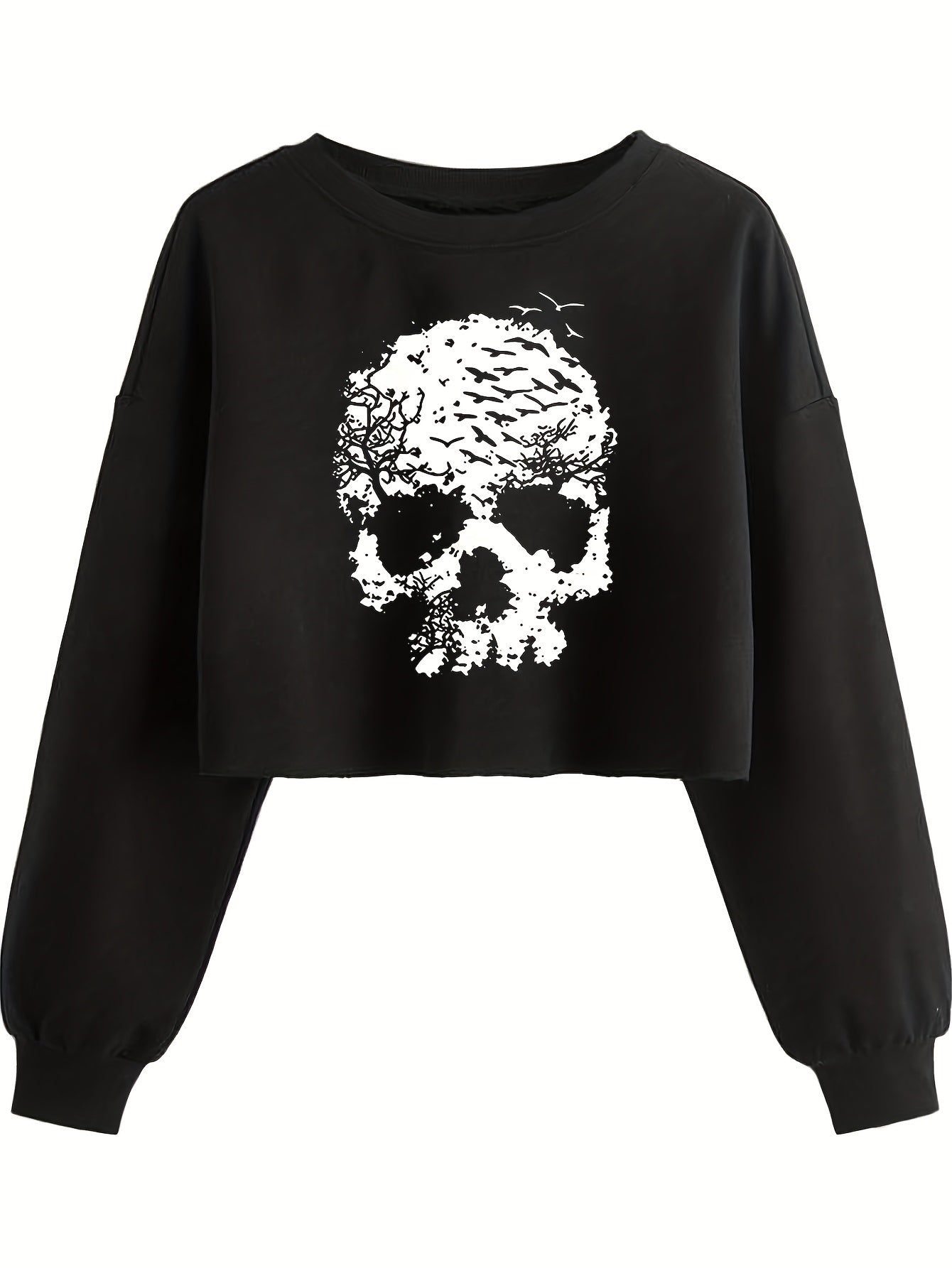 Women's Gothic Skull Print Long Sleeve Crop Top - Black & White Gothic Style Sweater with Round Neck, Machine Washable Casual All-Season Shirt for Layering, Halloween Party Outfits & Casual Attire, Relaxed Fit Short Cropped D