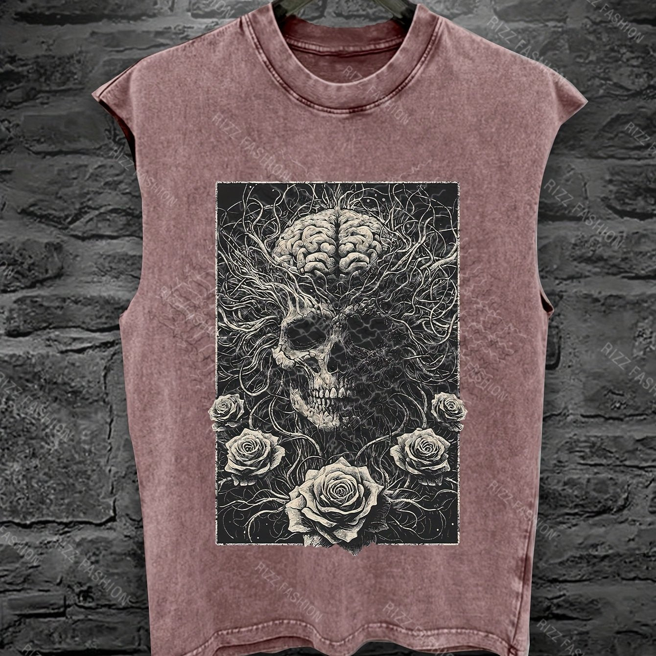 Men'S Gothic Sleeveless Vest - Dark Skeleton & Rose Print Streetwear Punk Style Loose Fit Washed Top | Edgy Skull & Rose Design with Intricate Bone & Bat Wing Patterns | Summer Outdoor Casual Wear, Concerts, Gothic Outfits |