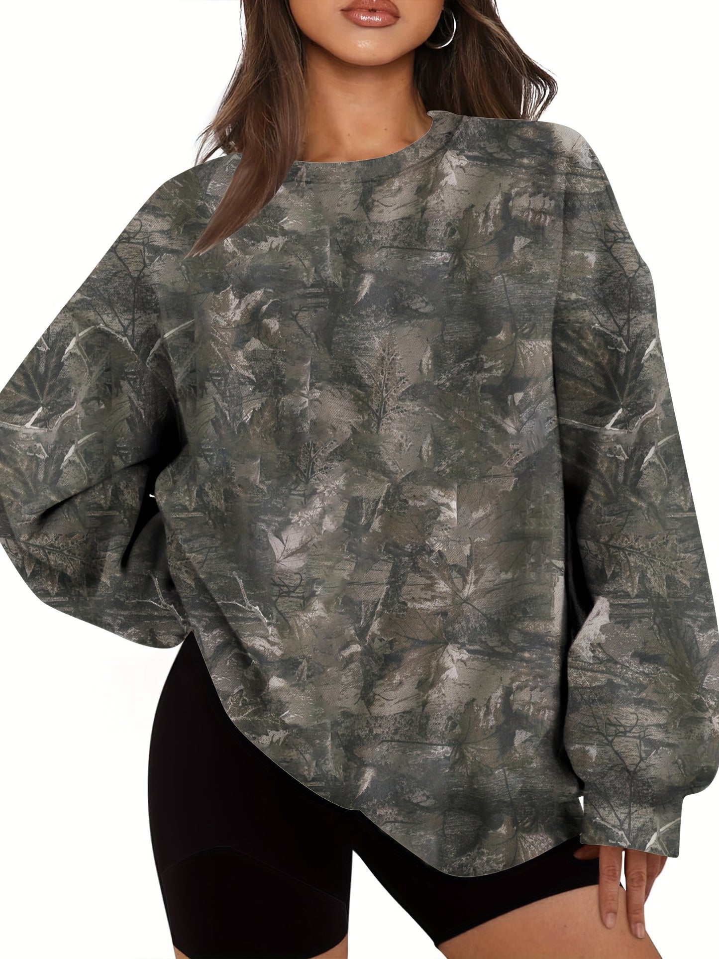 Women'S Oversized Camo Sweatshirt - Long Sleeve, Loose Fit, Green & Black Leaf Pattern, Casual Pullover with Ribbed Cuffs, All-Season Comfort, Casual Wear | Relaxed Fit Top | Construction, Sweater Hoodie