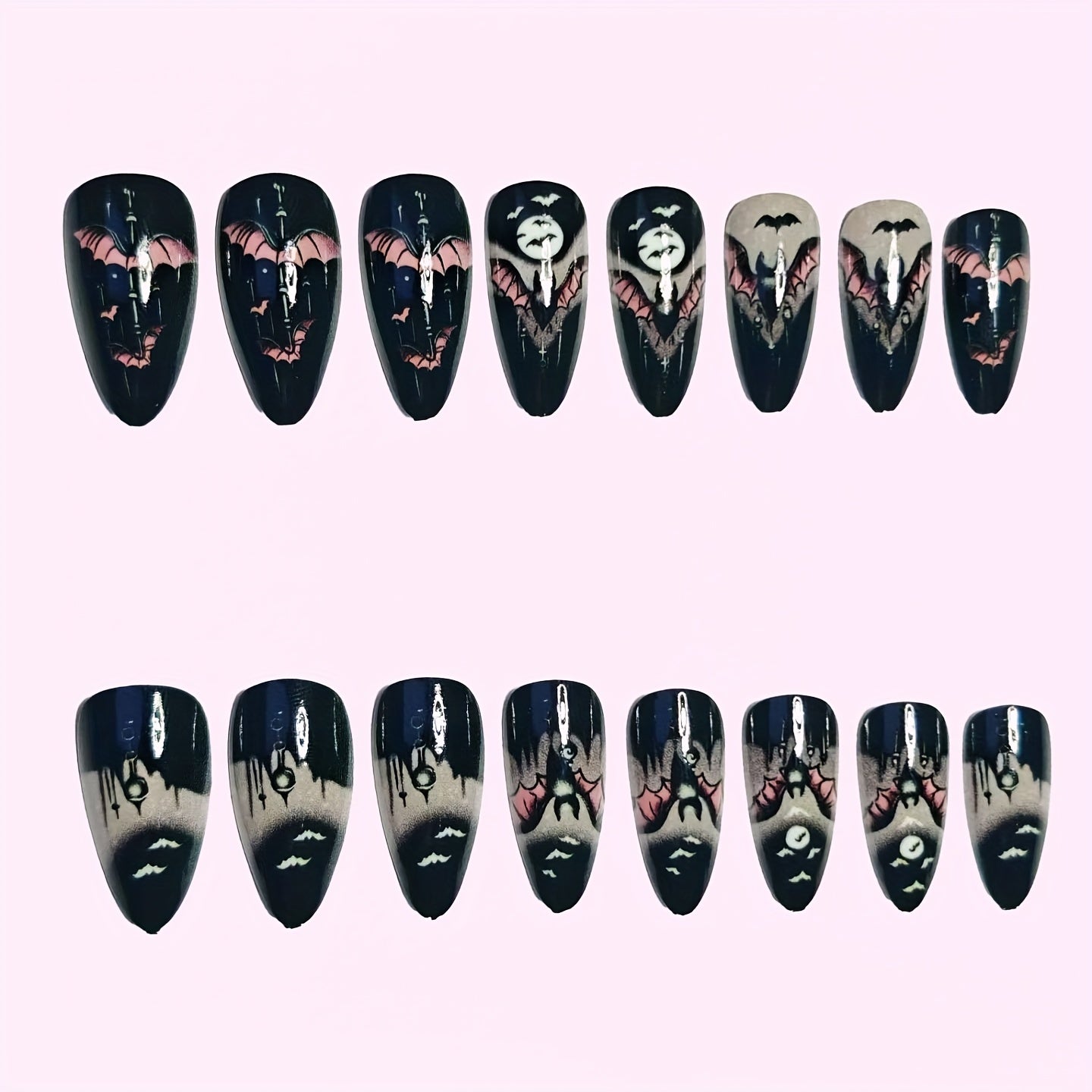 24pcs Halloween Moonlit Bat Nail Art Set: "Moonlit Night" Atmosphere, "Bat Shock" Highlighting Halloween Elements and Thrill Wearable Removable Nail Extensions