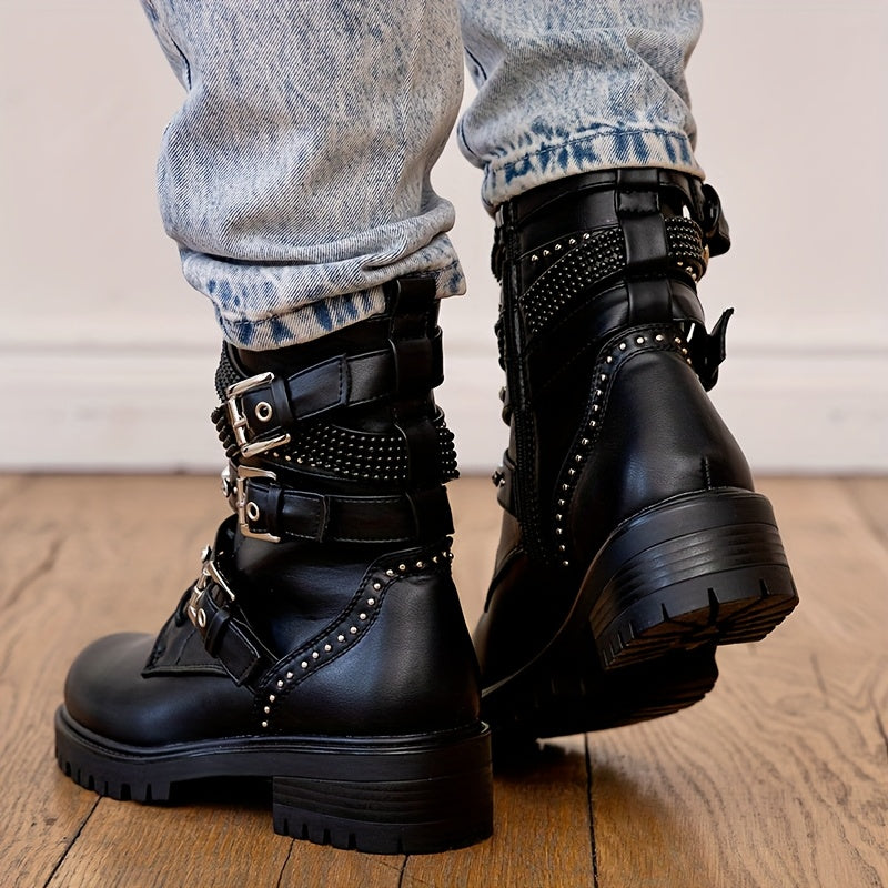 Women's Gothic Punk Motorcycle Boots - Lace-Up & Chain Zipper Closure, Thick Platform Sole with Metallic Studs, Chunky Mid-Heel, Faux Cover, All-Season Casual Ankle Boots (Black), Motorcycle Style Boots | Decorative Zipper Bo