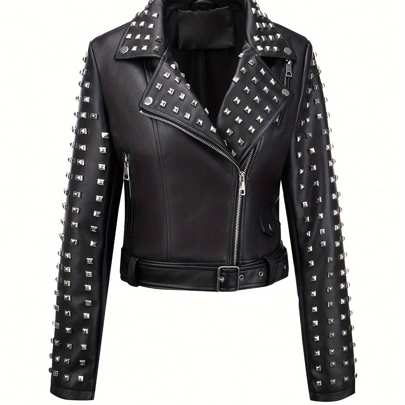 Women'S Simple Versatile Faux Leather Square Nail Style Motorcycle Jacket Coat with Belt, Faux Leather, Polyester 92.00%, Viscose 8.00%, Solid Color, Casual Biker Style, Woven, 60g/㎡ Lining Weight