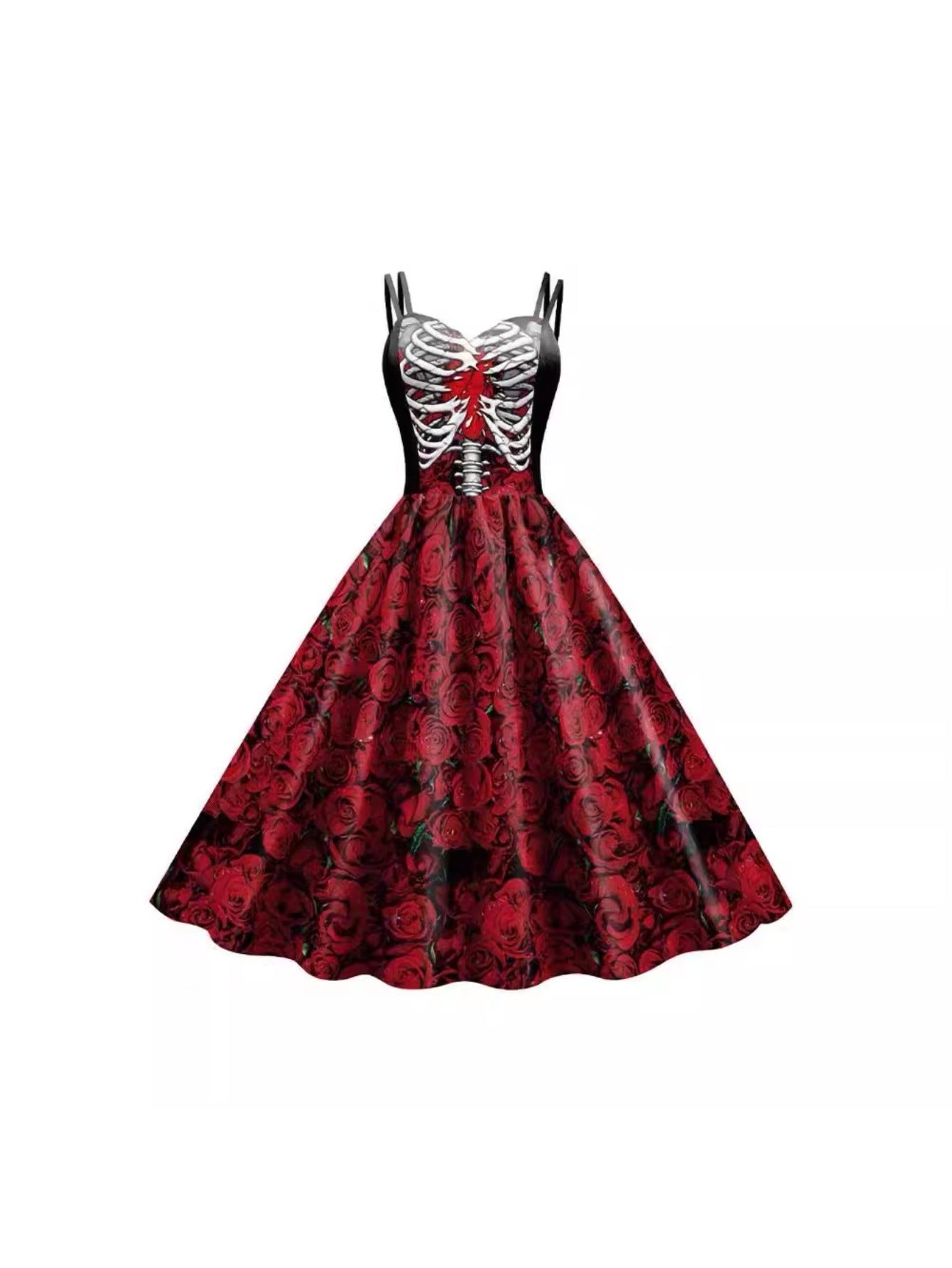 Women'S Gothic Victorian-Inspired Black & White Floral Print Suspender Dress Costume - Sleeveless A-Line Mid-Length with Ruffled Hem & V-Neck, Structured H-Line Silhouette for Halloween Carnival Party, Themed Events - Breatha