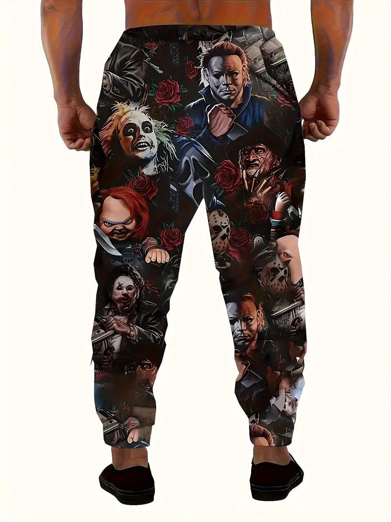 Men'S Horror Movie Icons Print Jogger Pants - Polyester Knit Casual Sportswear with Adjustable Drawstring Waist & Functional Pockets, All-Season Comfort for Gym, Lounge, Streetwear - Regular Fit Jogging Pants with Iconic Movi