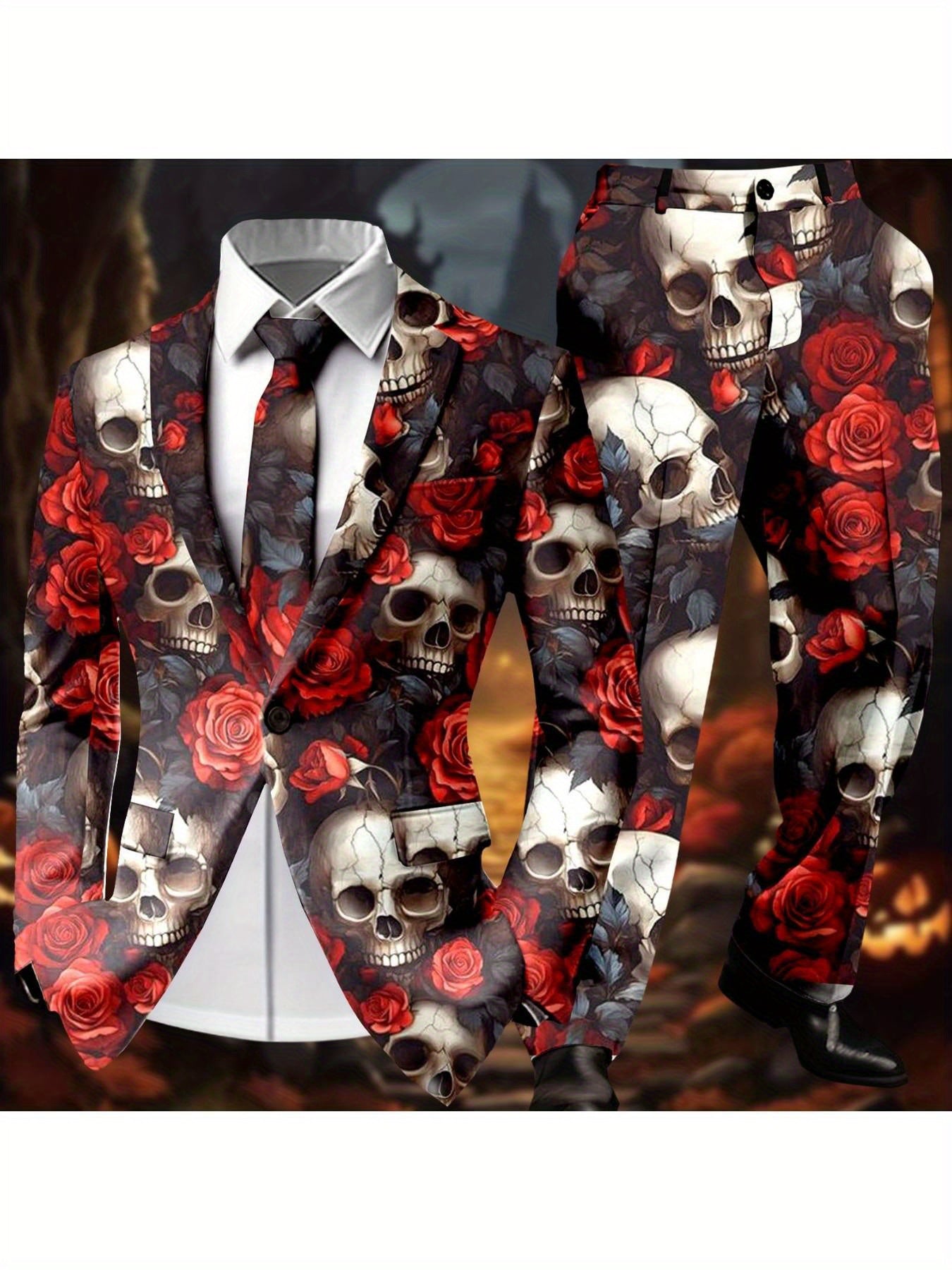 Men'S Halloween Gothic Skull & Rose Print Suit - Slim-Fit Tuxedo-Style Party Suit with Black/Red Contrast, All-Season Formal Attire for Themed Events, Costume Balls & Casual Outfits - Unique Statement Piece for Men, Elegant S