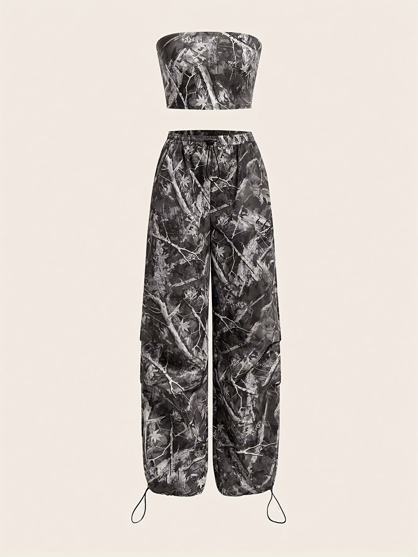 2pcs Women'S Camo Print Two-Piece Set - Sleeveless Crop Top & Wide-Leg Pants with Drawstring Waist, Brown & Black Leaf Pattern, Casual Spring/Summer Outfit, Outdoor Clothing | Relaxed Fit Pants | Drawstring Waistband