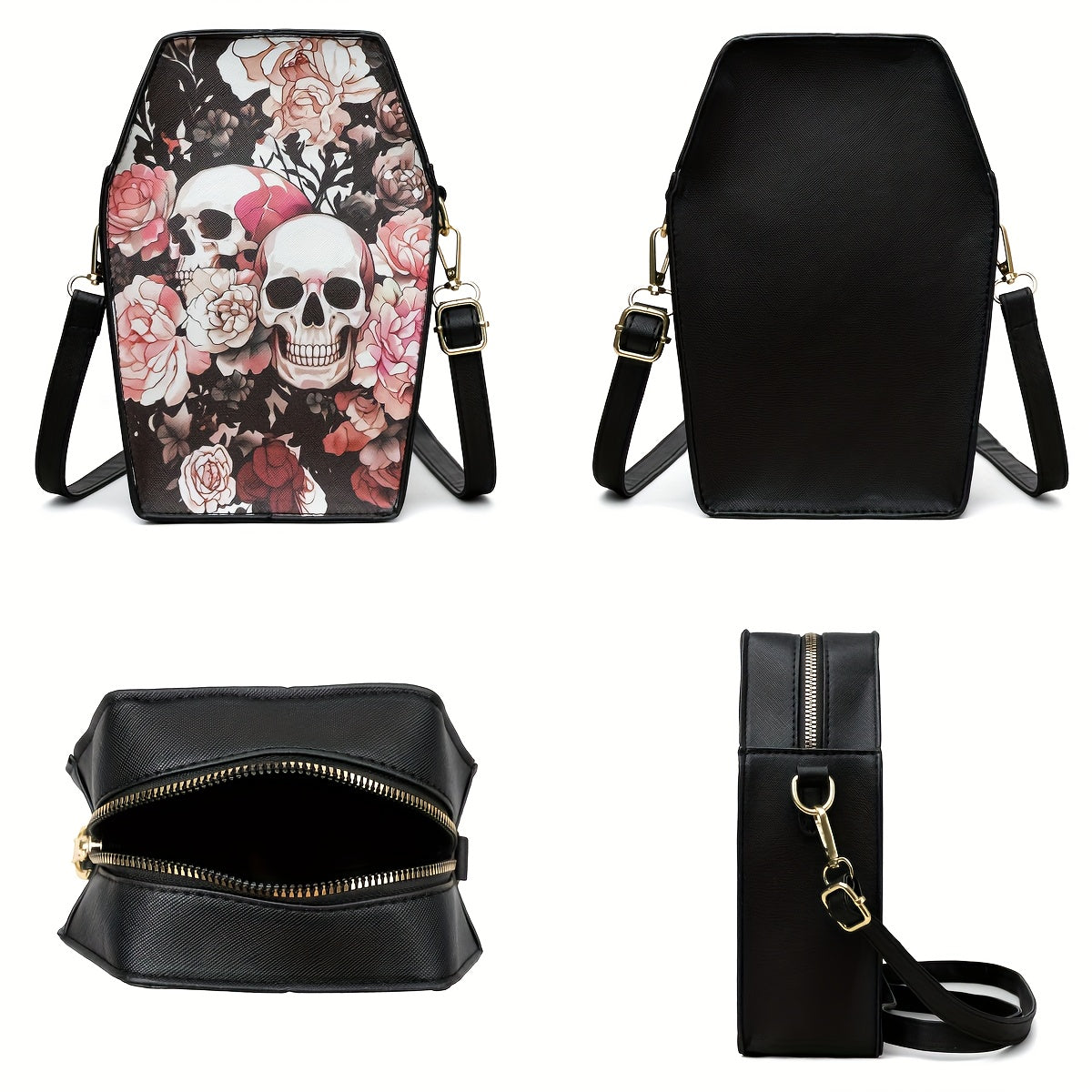 MINI Halloween Skeleton Coffin Women's Crossbody Bag, Thriller Horror Square Purse Black Punk Style Shoulder Handbag for Spooky Party Evening Event Cell Phone Pouch Lipstick Makeup Cosmetic Daily Street Shopping Movie Fan Gif