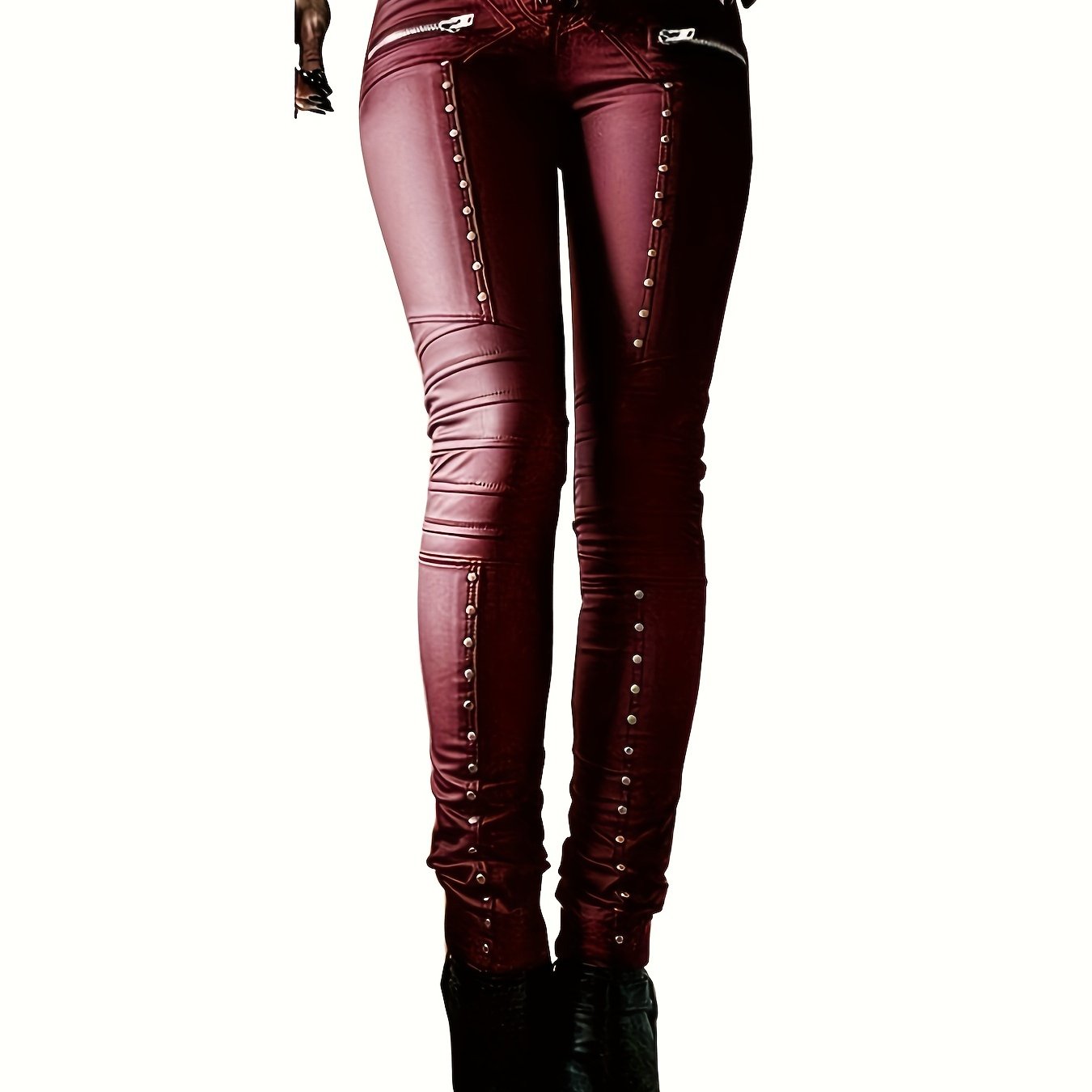Women's Gothic Punk Skinny Leggings - High-Waisted PU Motorcycle Trousers with Lace-Up Details, Rock Club Style, Black, Stretchy & Comfortable Fit for Spring/Fall