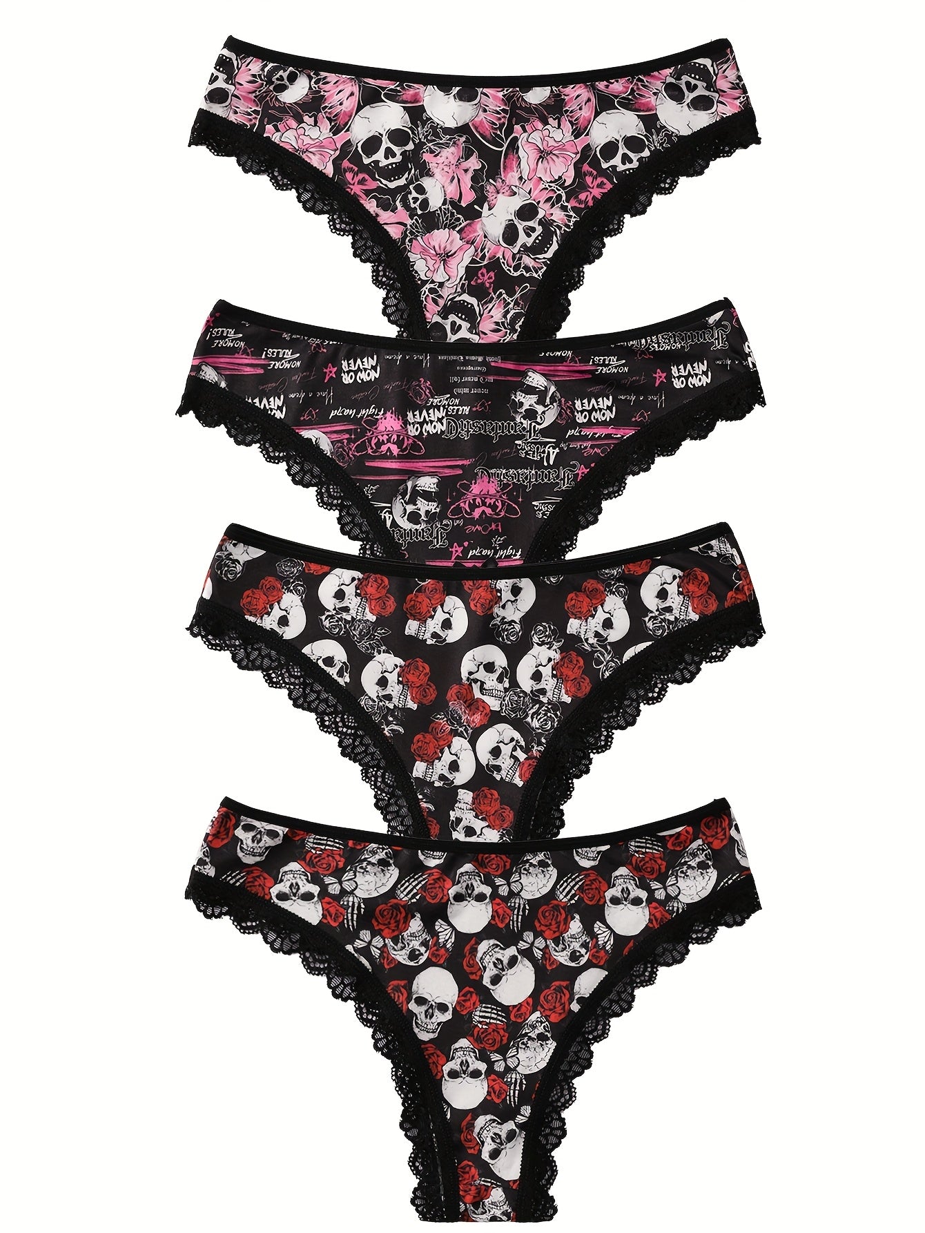 4pcs Women's Gothic Portraits Skeleton decorations & Ghost Costumes Print Panties,Halloween decor,Breathable High Elasticity Underwear, Sexy Ladies Lingerie Set, Halloween Gift Ideas.