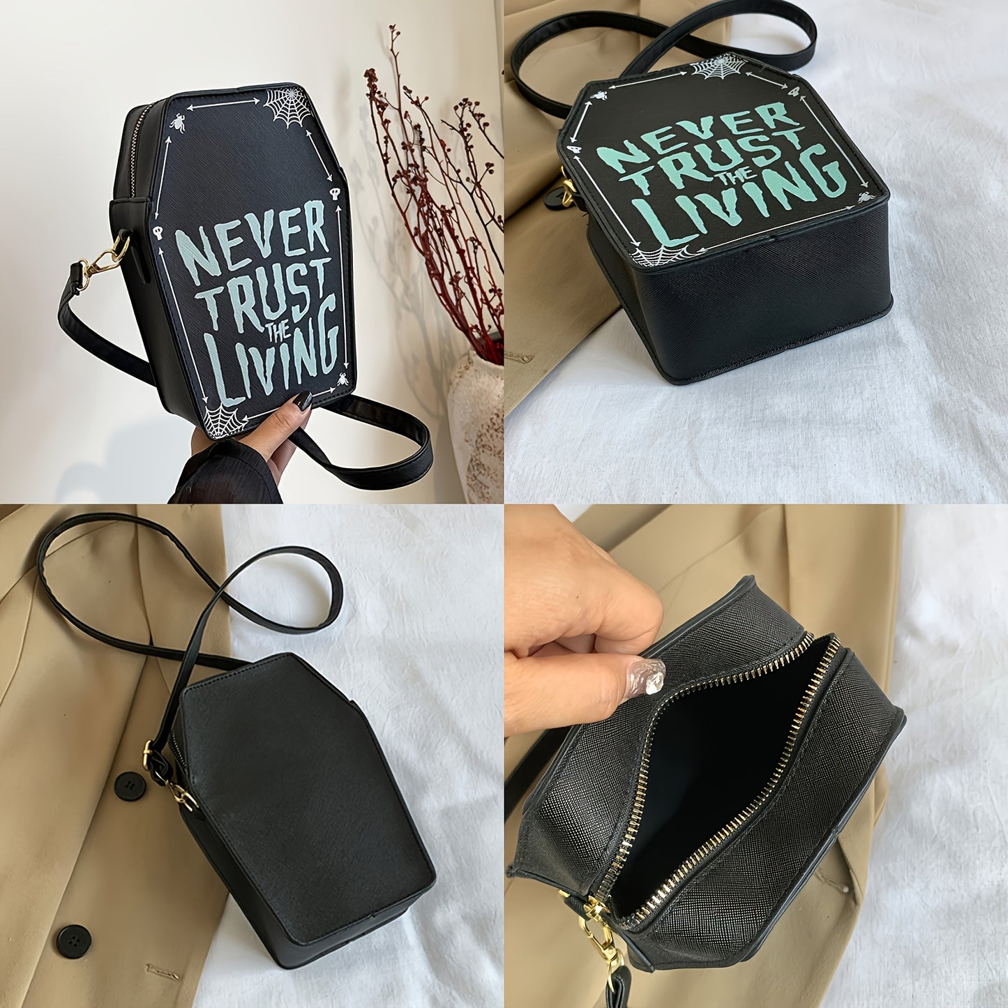 Perfect Halloween Coffin Bag • "Never Trust the Living" Design • Adjustable Strap • Zipper Closure • Polyester Lining • Dry Clean Only • Black Crossbody for Women • Halloween Costume Accessory • Trickory Desig