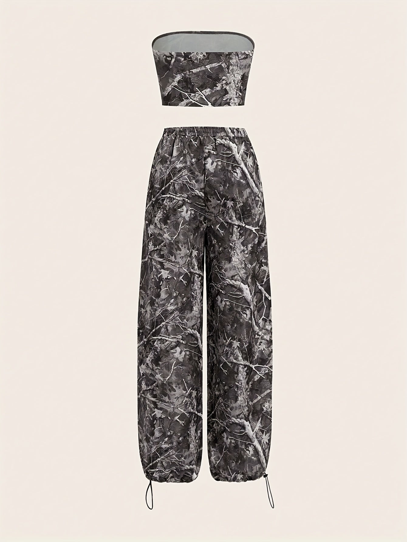 2pcs Women'S Camo Print Two-Piece Set - Sleeveless Crop Top & Wide-Leg Pants with Drawstring Waist, Brown & Black Leaf Pattern, Casual Spring/Summer Outfit, Outdoor Clothing | Relaxed Fit Pants | Drawstring Waistband