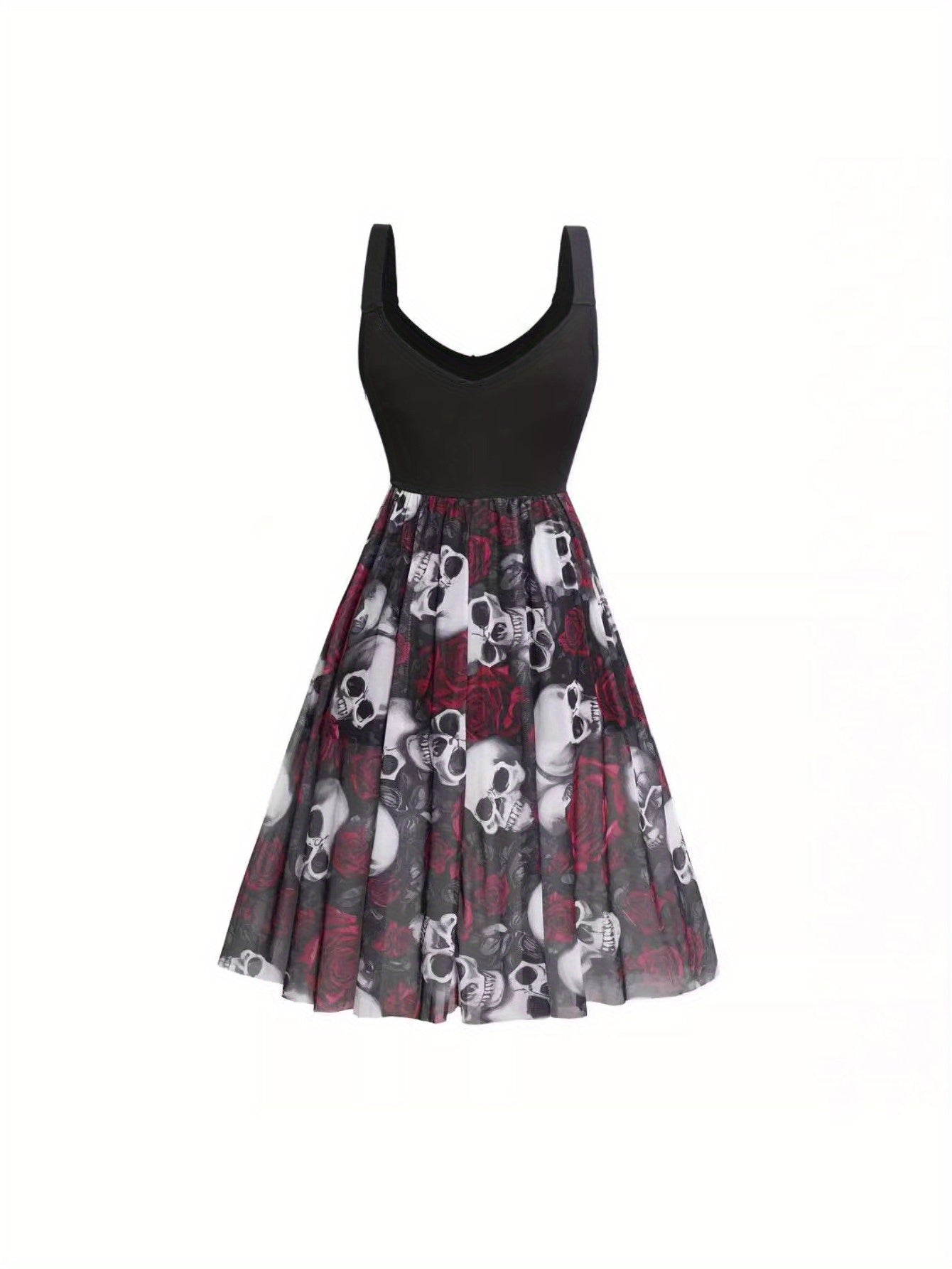 Women'S Halloween Party Dress - Gothic Skull Floral print in Black/Red/, Sleeveless V-Neck Formal Costume, Easy-to-Wear Party Outfit for Halloween, Gothic Events & Themed Parties - Adult Women'S Halloween Attire, Halloween Cl