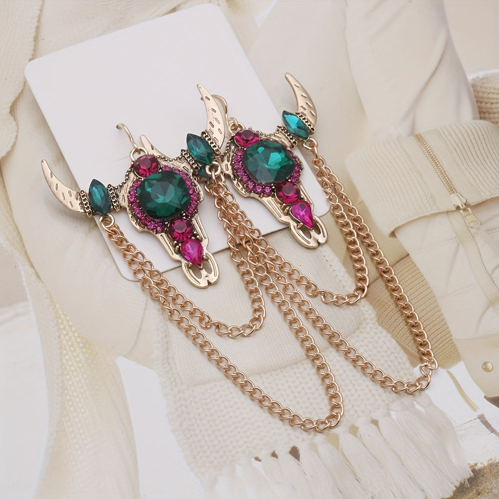 Gothic Western Vintage Tassel Rhinestone Bull Head Long Earrings for Women's Party Casual Fashion Jewelry