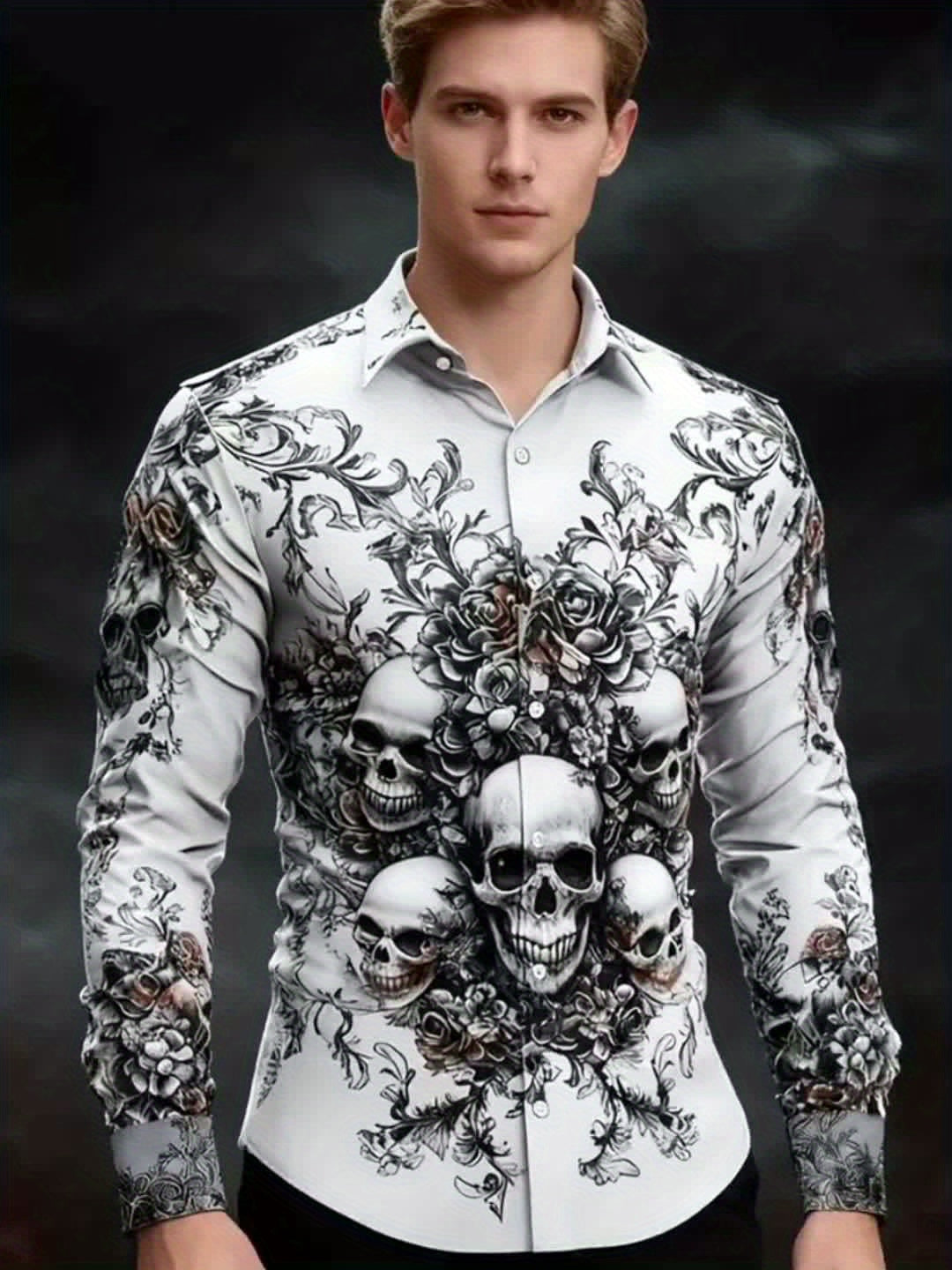 Men's Gothic Skull & Bat Wing Print Long Sleeve Shirt - Dark Blue & Black Gothic Style with White Collar & Button Front Closure, Machine Washable Durable Fabric for Halloween, Themed Parties & Casual Attire - Adult Men's Form