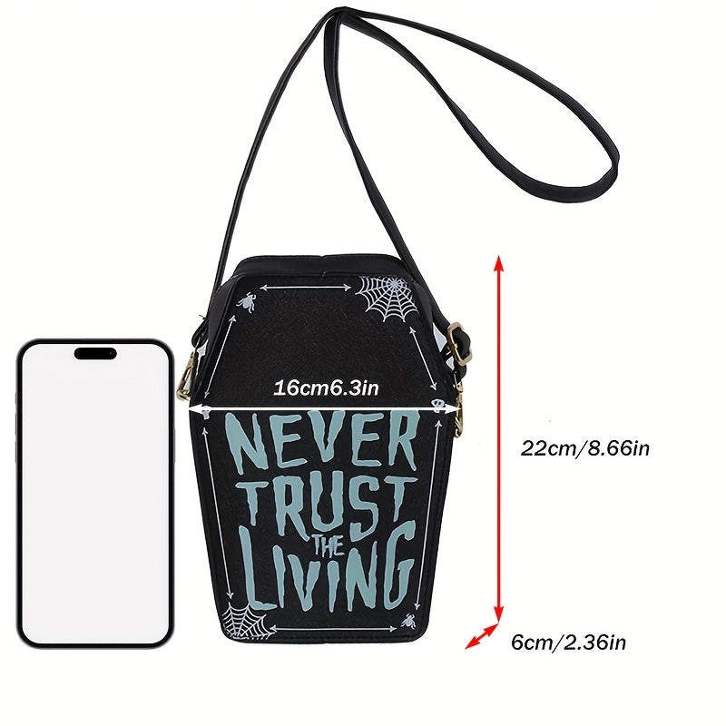 Perfect Halloween Coffin Bag • "Never Trust the Living" Design • Adjustable Strap • Zipper Closure • Polyester Lining • Dry Clean Only • Black Crossbody for Women • Halloween Costume Accessory • Trickory Desig